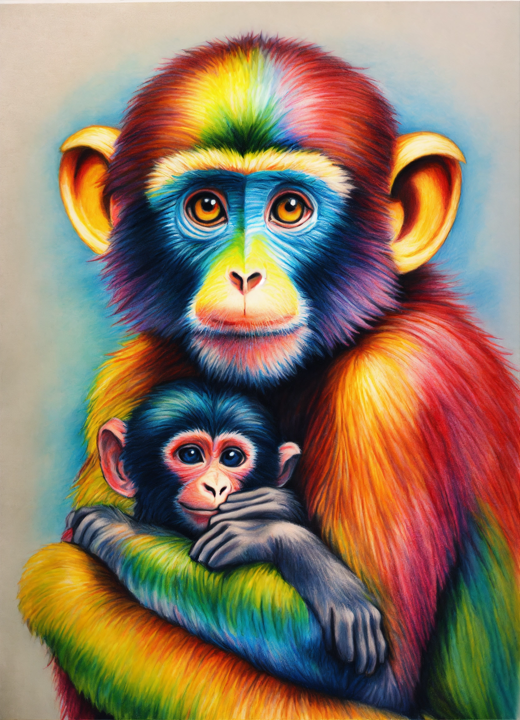 Lexica - Monkey held by rainbow color pencil drawing