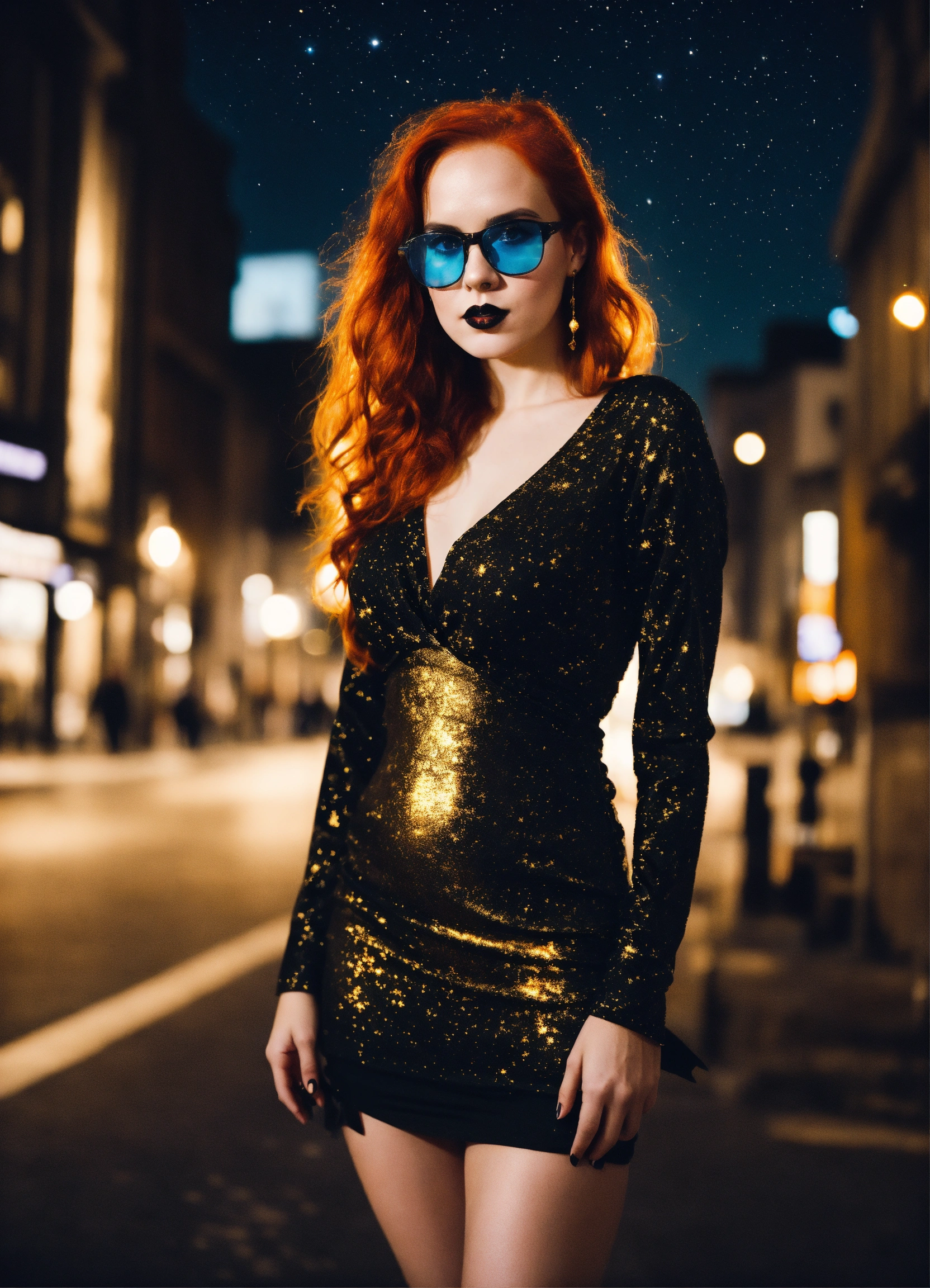 Lexica - A real photo of a cute 28 year old hot redhead goth girl wearing a  tight golden silk open dress and hot glasses standing in a city. In the s...