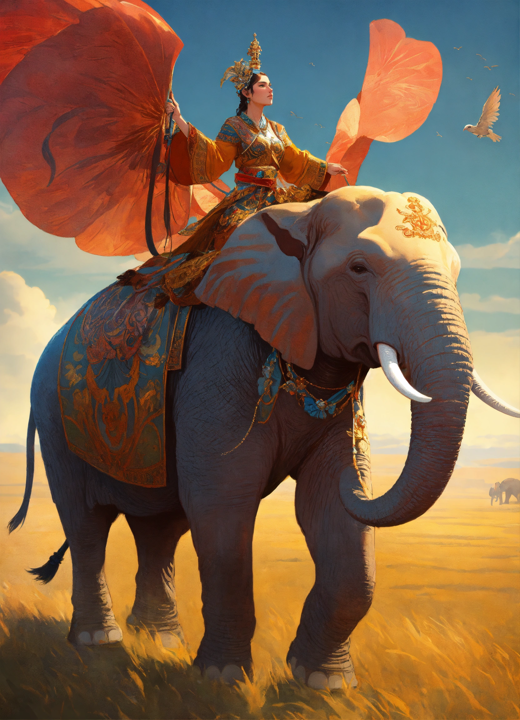 Lexica - A flying great roc bird carrying an elephant, background ...