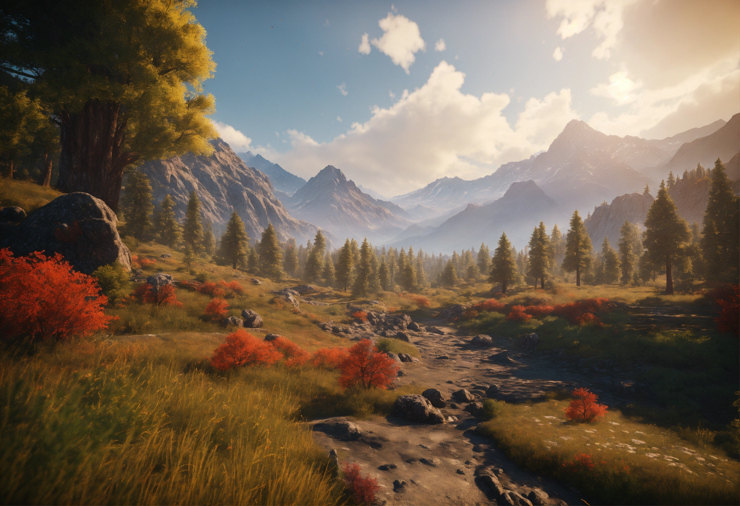 Lexica - Long shot of an epic landscape with mountains and trees ...