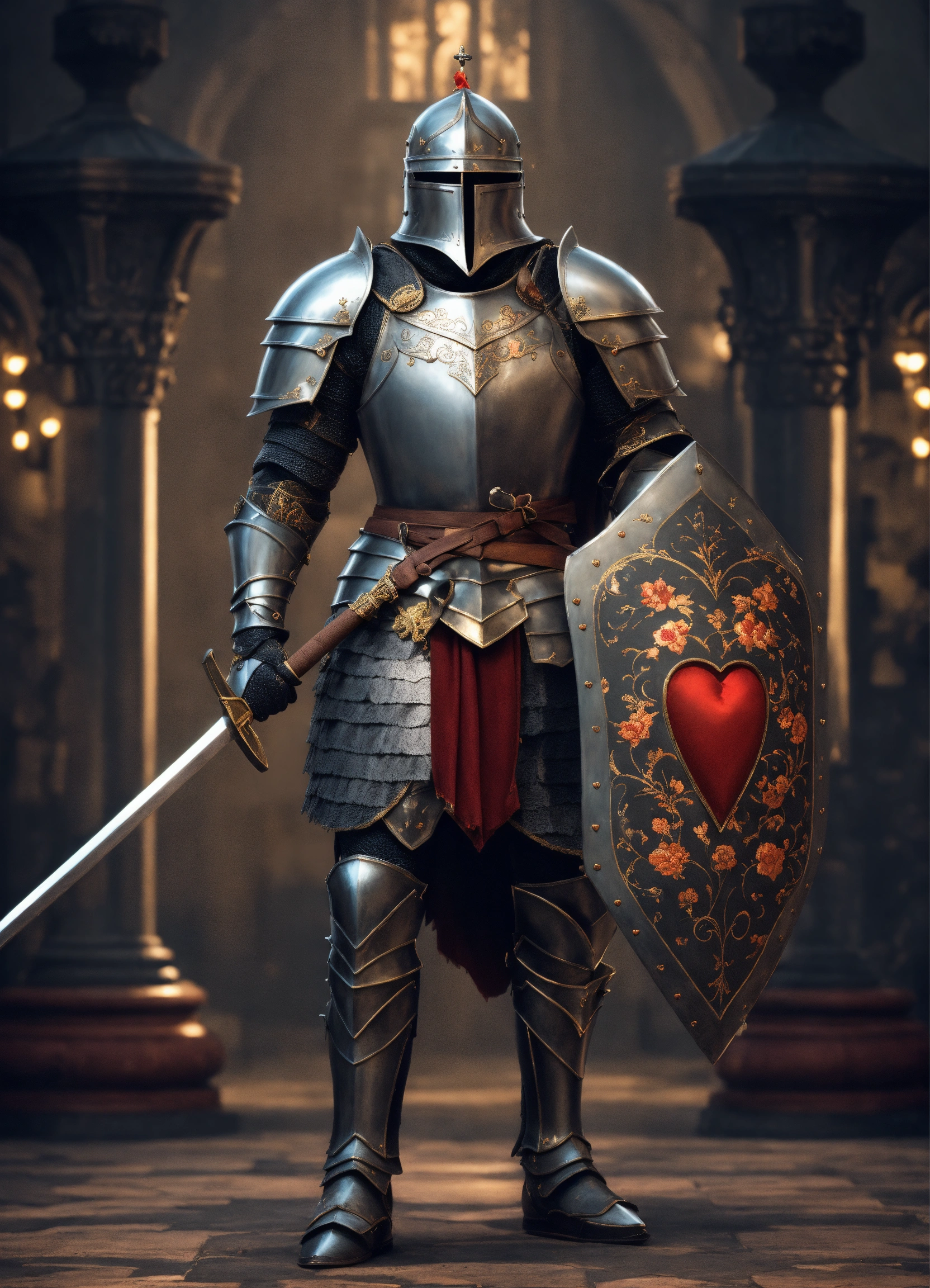Lexica - Tall strong knight in dark gray armor with heart shaped ...