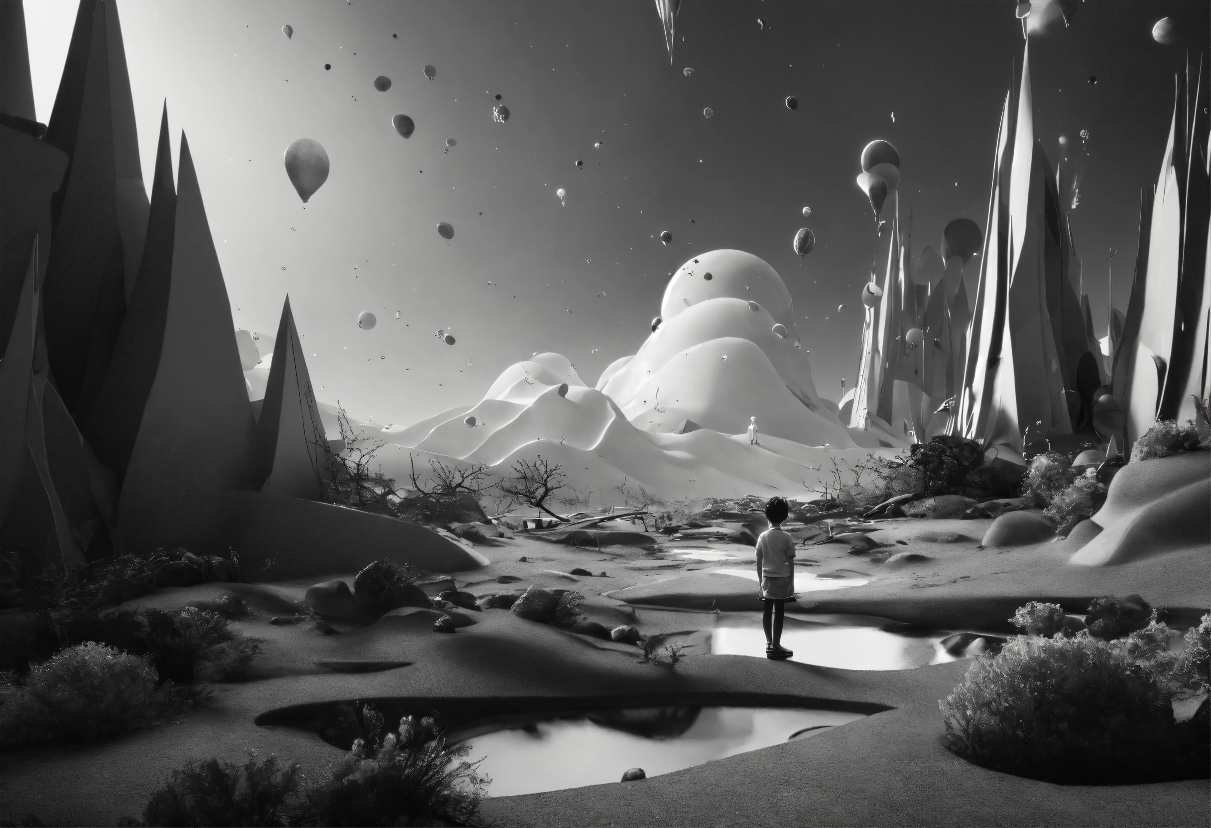 Lexica - Black and white, primary colors, 3d surreal modeling landscape ...