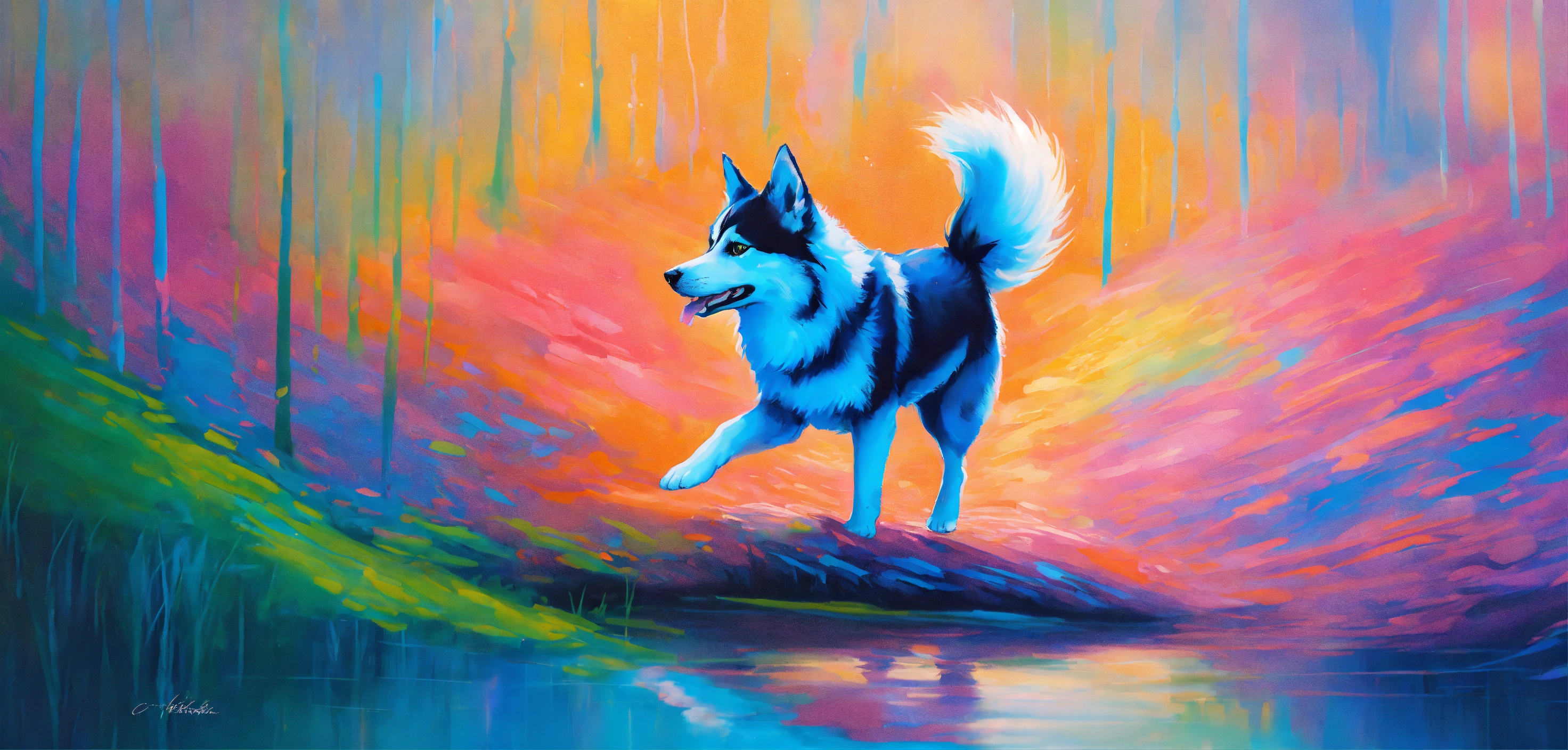 Lexica - In this vibrant painting, a graceful Pomsky is captured in ...
