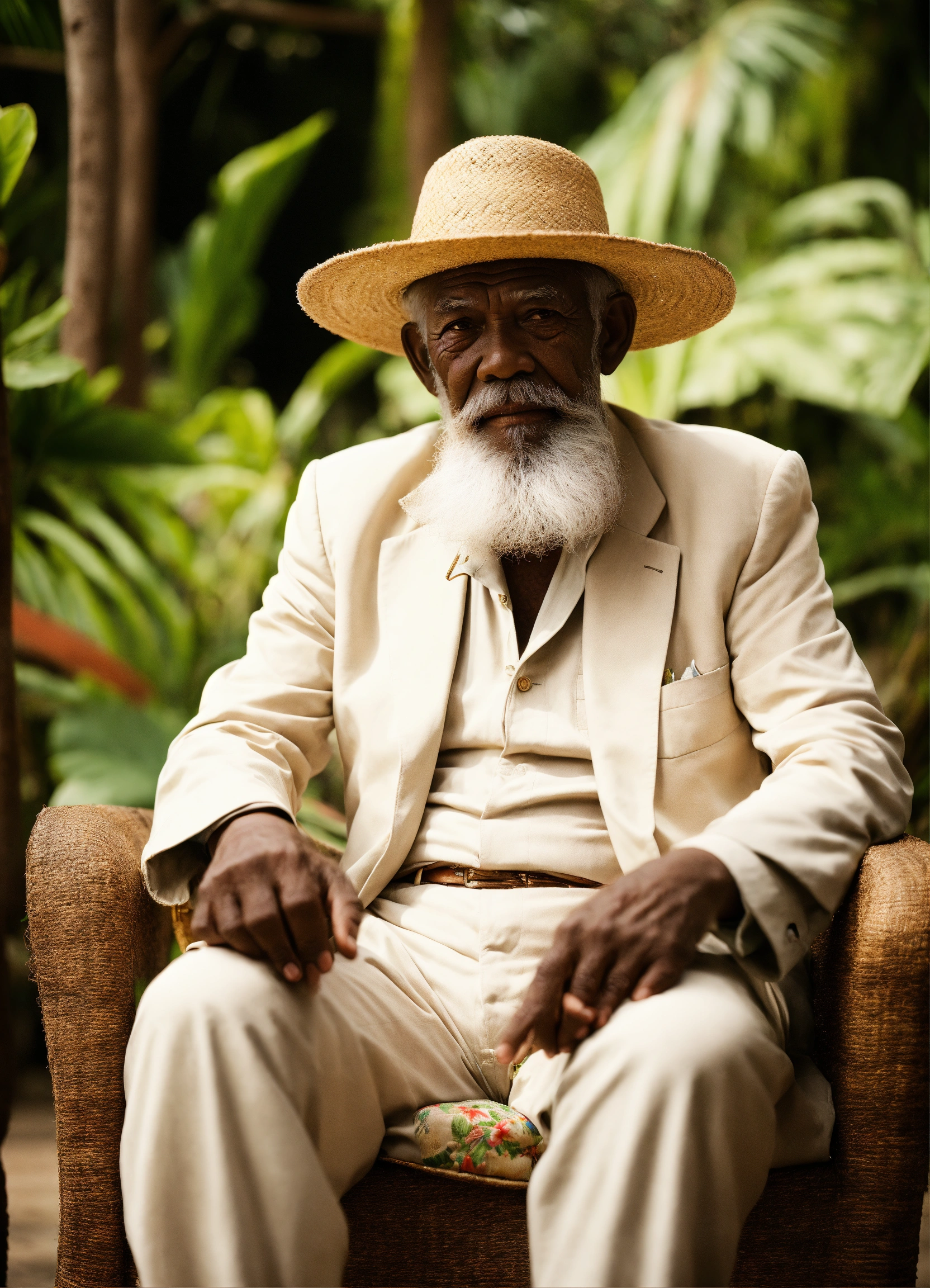 Lexica - A wise old man with white beard and bakoua hat in a tropical ...