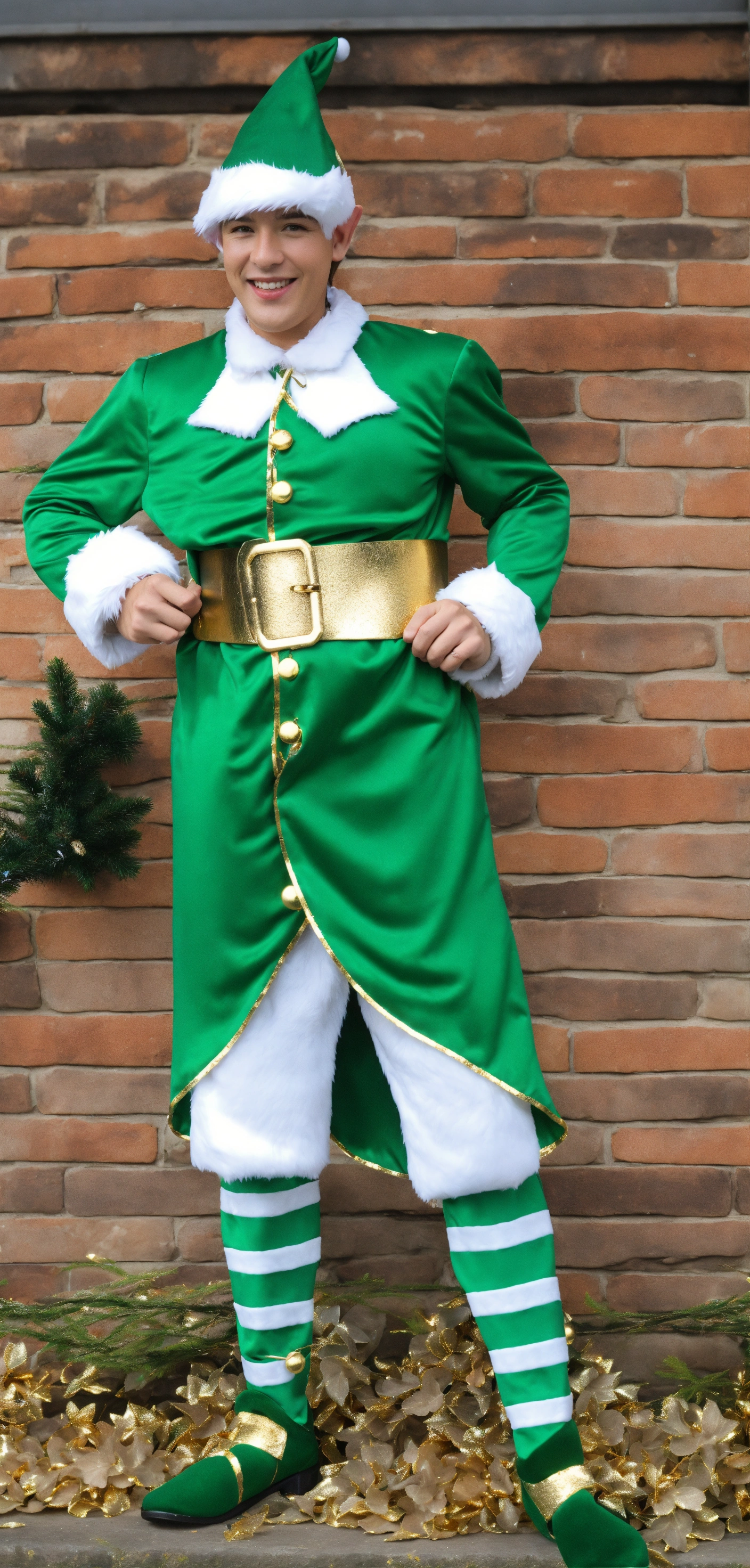 Lexica - Christmas elf costume, gold belt, green and white, close up,