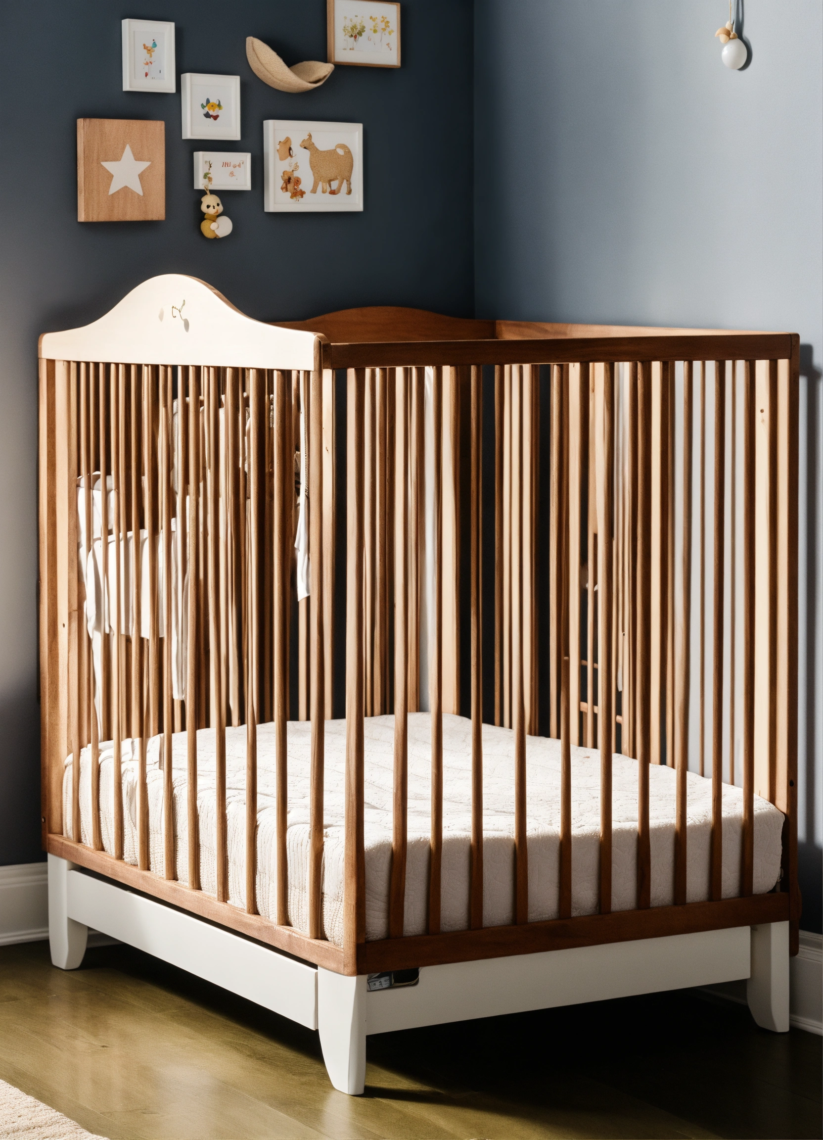 Lexica - A photo of a baby crib with a mattress. The crib is made of ...