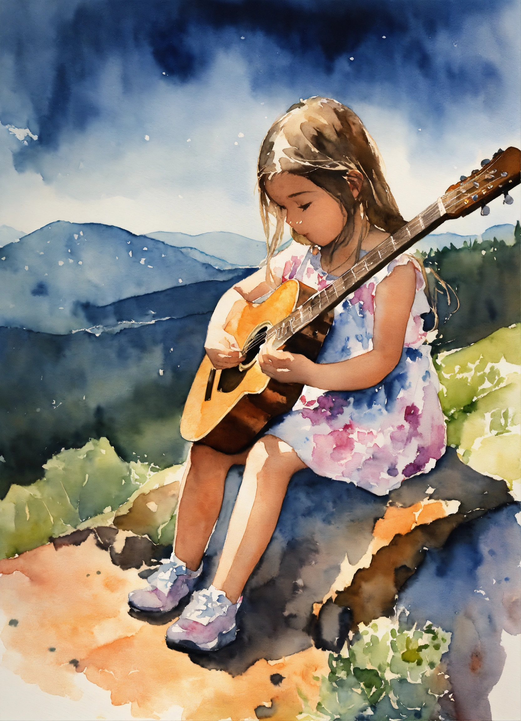 Lexica - Watercolor painting of a little girl sitting with her back on ...