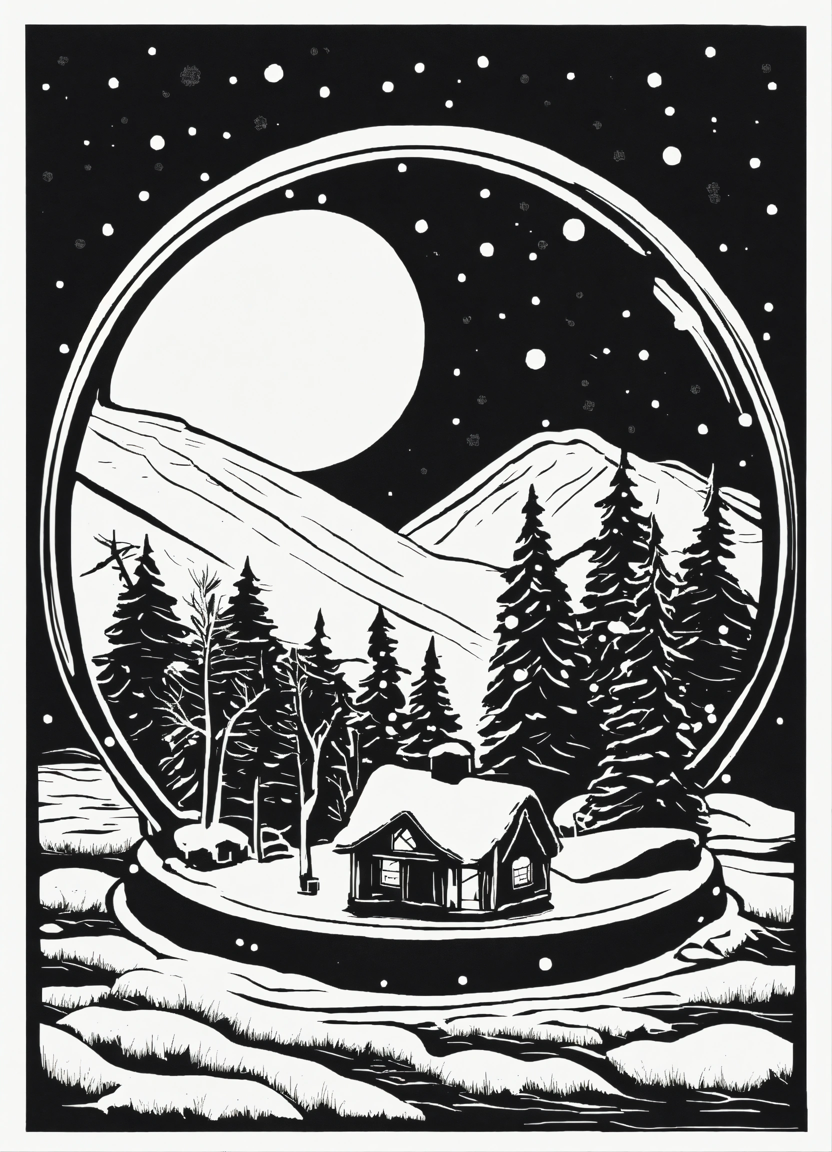 Lexica - Simple black and white linocut of a snow globe. In the snow ...