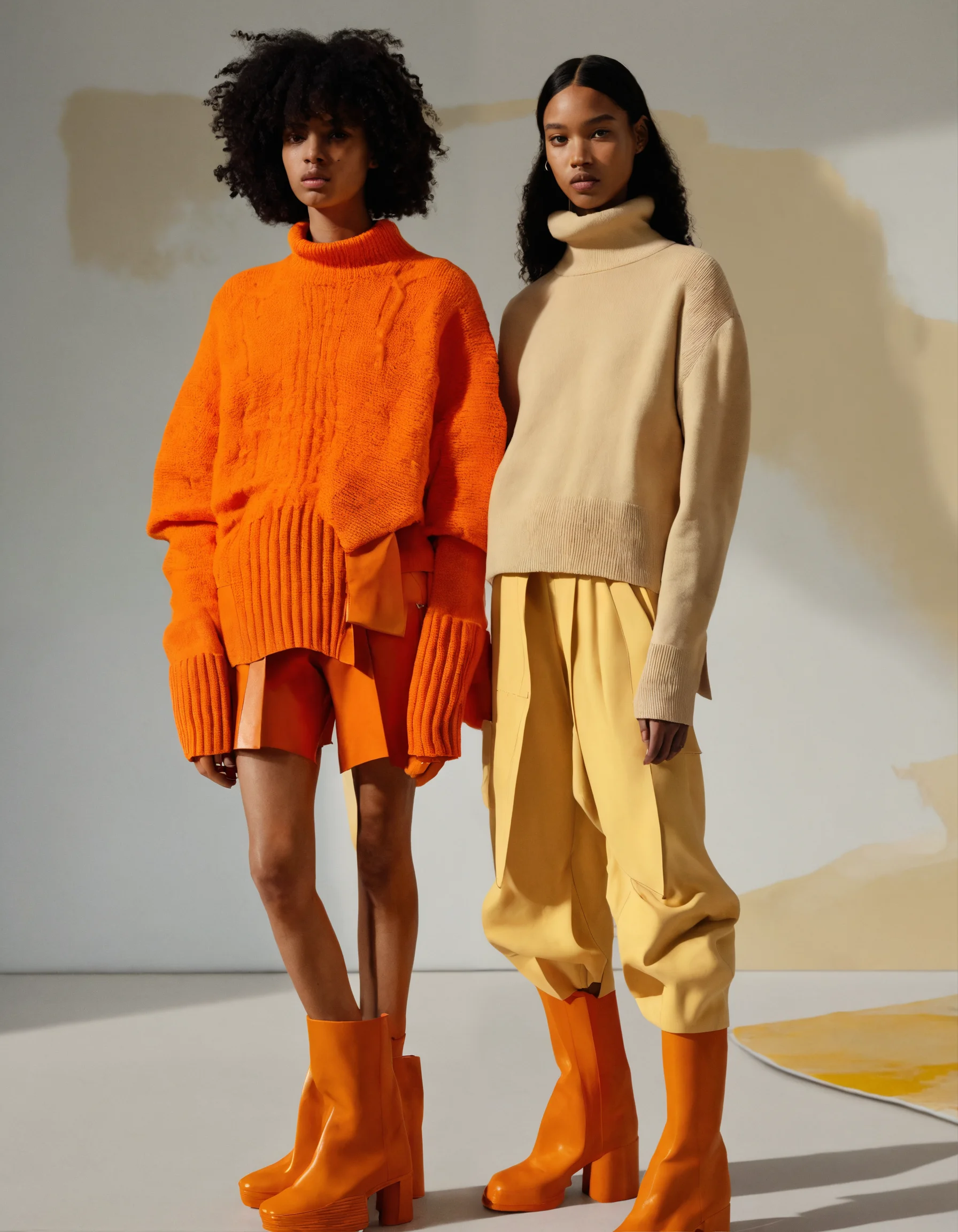 Lexica - Two models wearing orange sweaters and ankle boots, in the ...