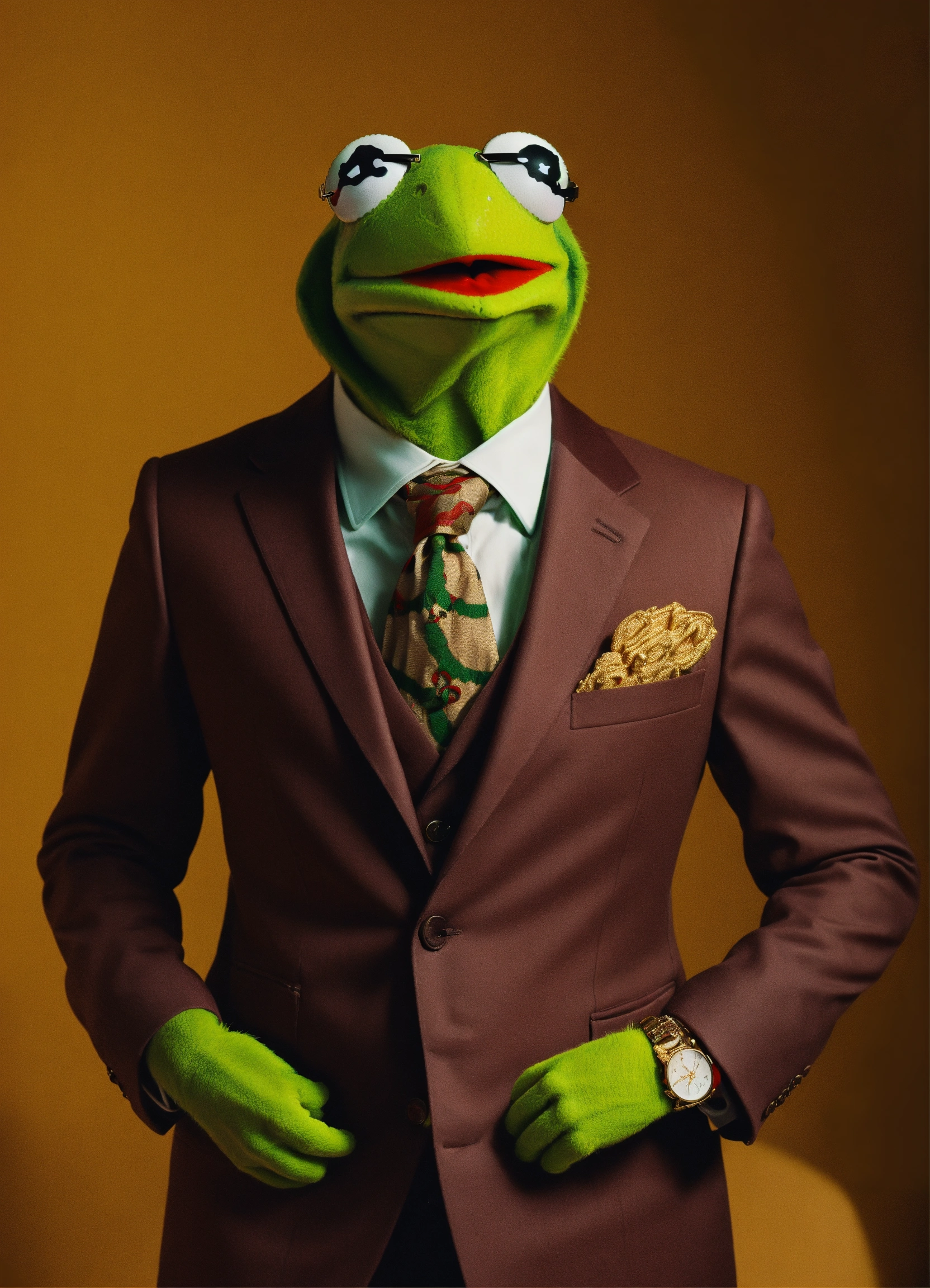 Lexica Kermit the Frog wearing a brown gucci suit, gucci glasses
