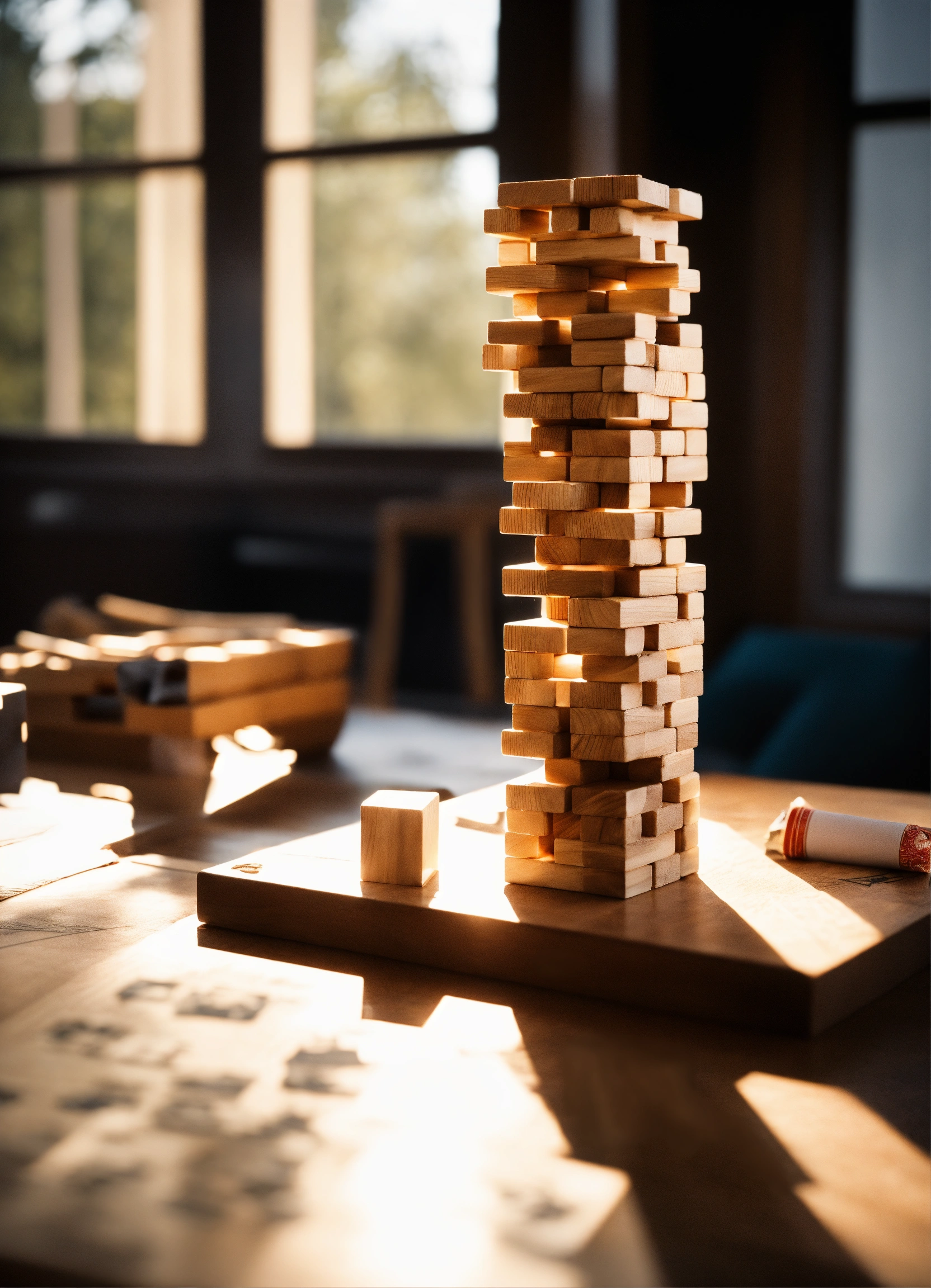 Lexica - Realistic photograph of a jenga game on a table. Also on the ...