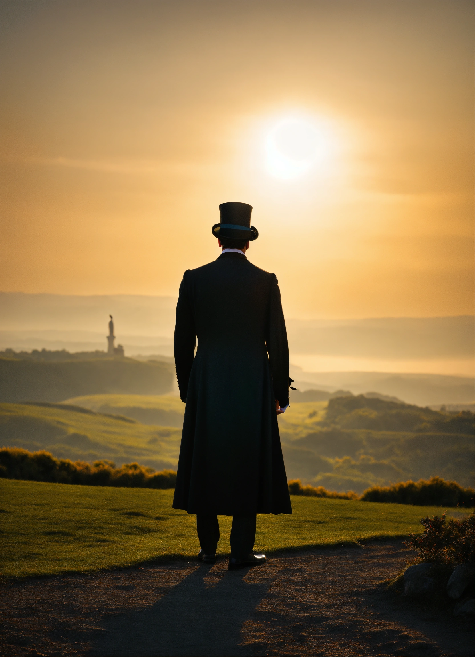 Lexica - A man in a top hat and cape next to his back looking at the sun