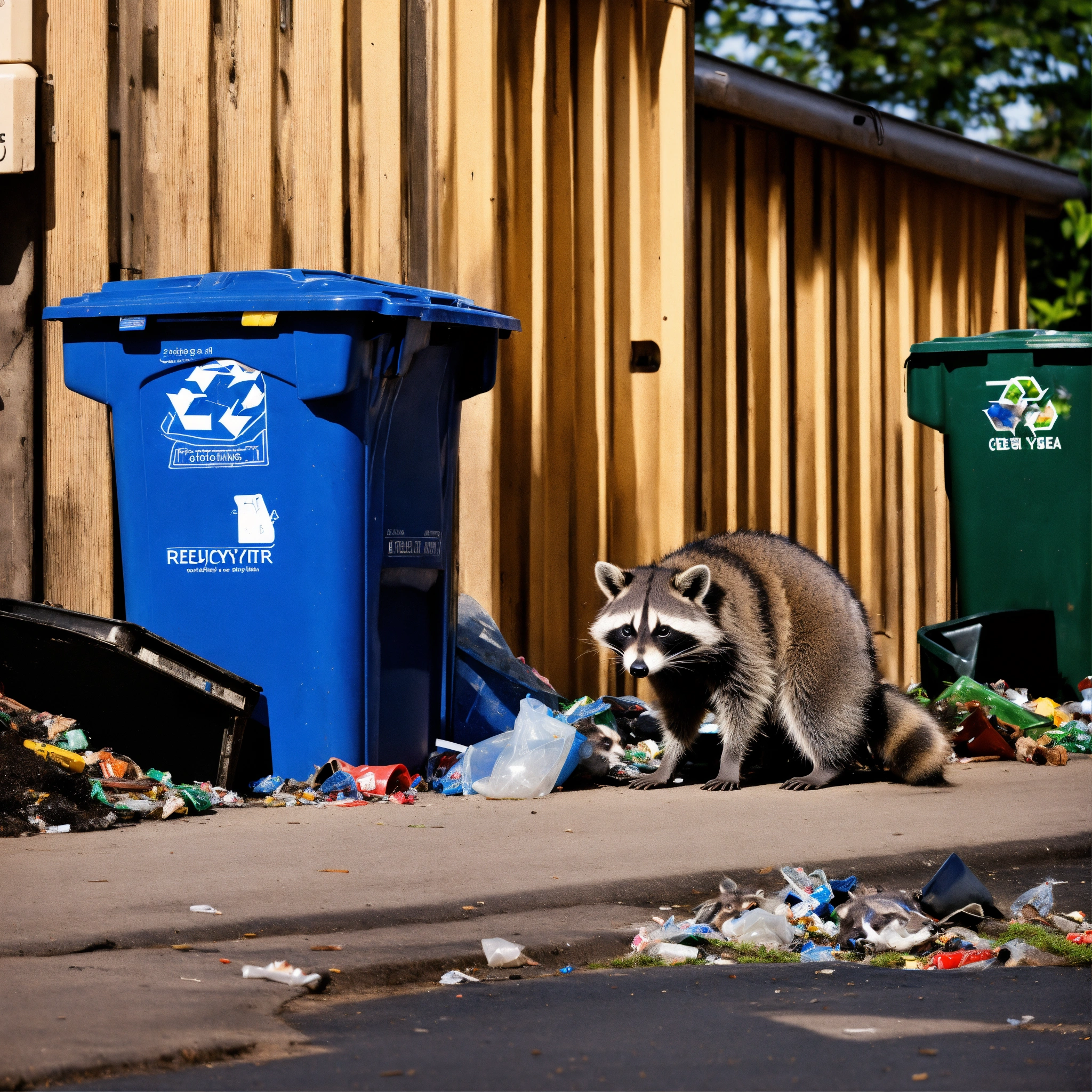 Lexica - A photograph of a raccoon digging through recycling bins, surreal