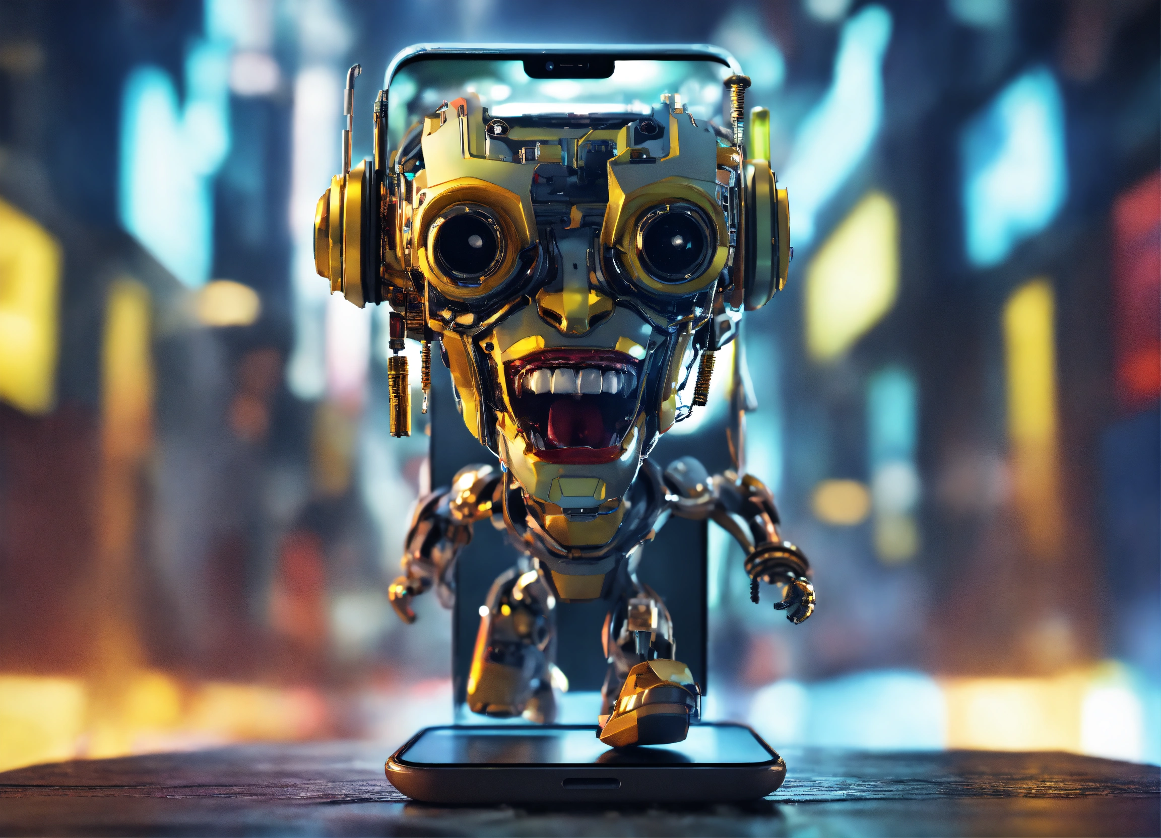 Lexica - Cyborg, 3d, come out from cellphone screen, happy, screaming
