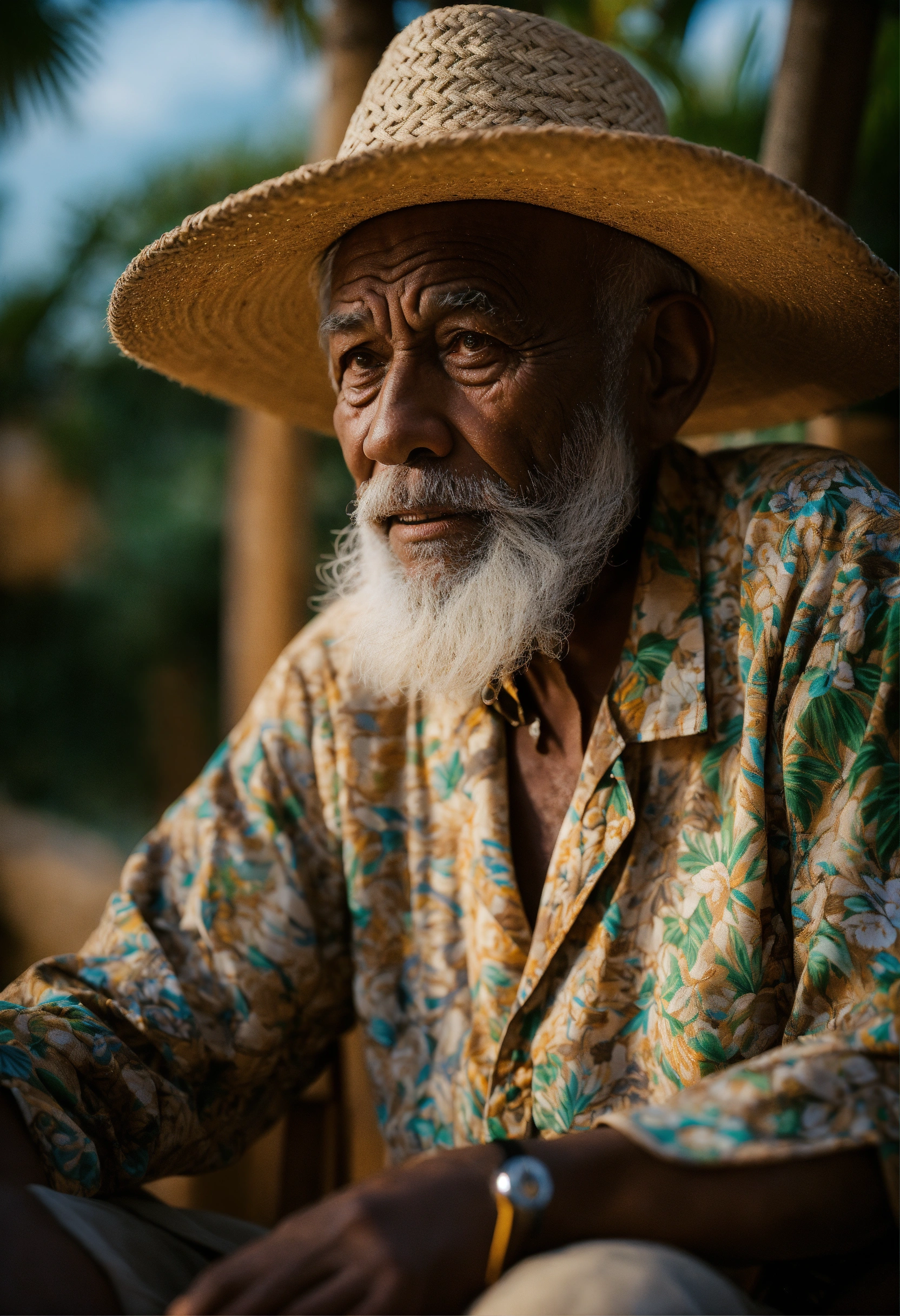 Lexica - A wise old man with white beard and bakoua hat in a tropical ...