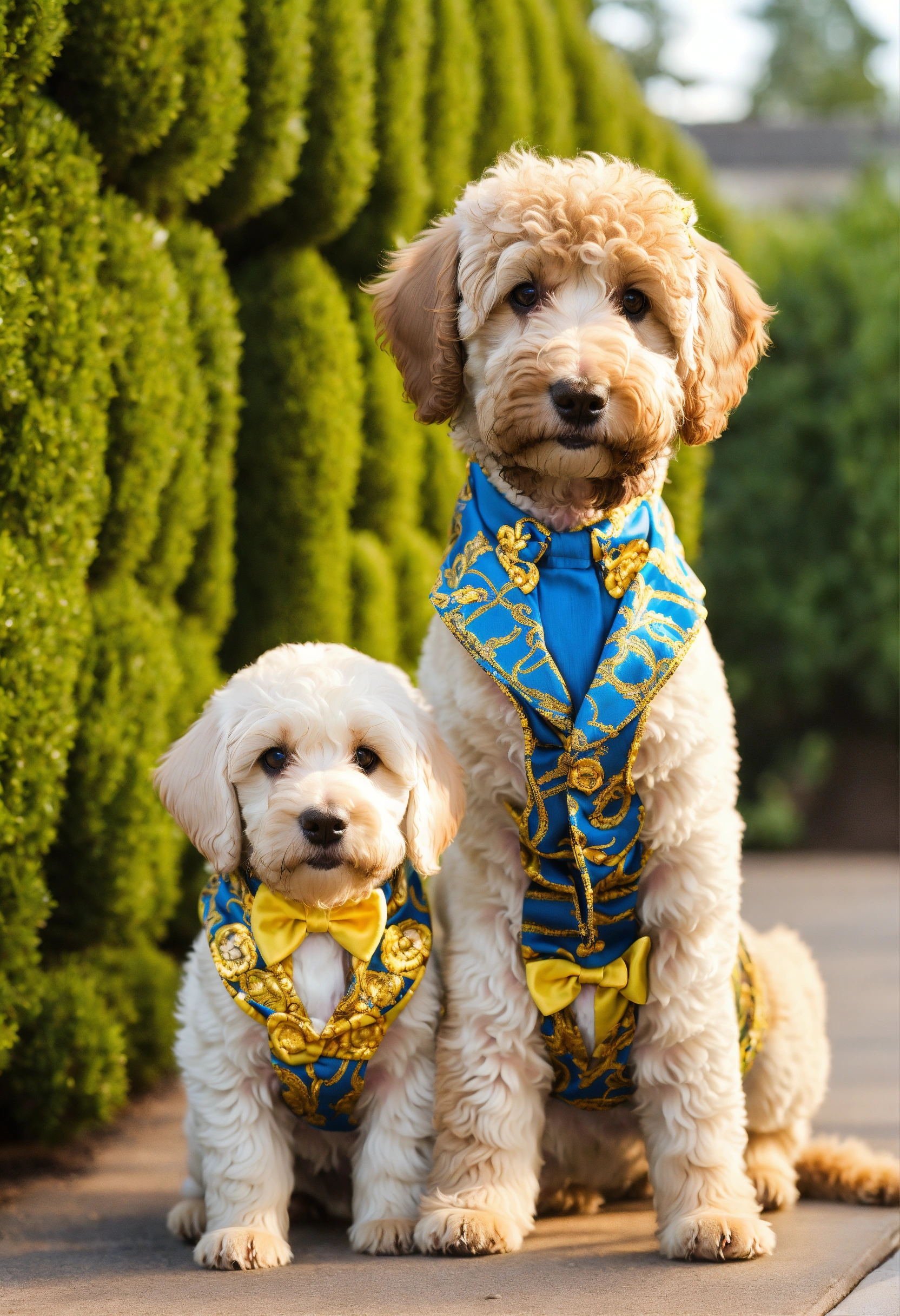 Lexica - 2 Labradoodle snow white puppies wear Versace suits.