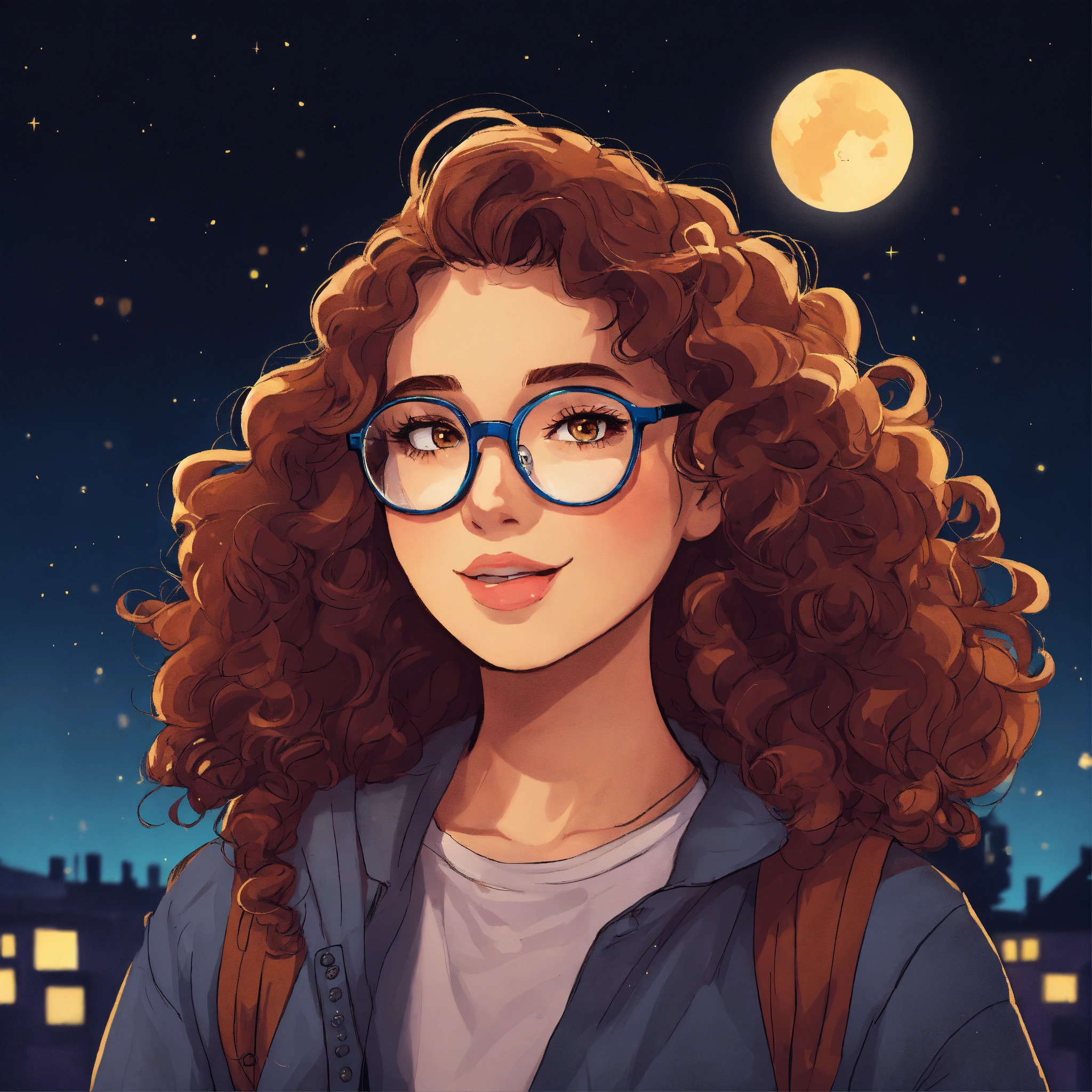 Lexica - Girl with brown curly square hair, glasses and she lauf in ...