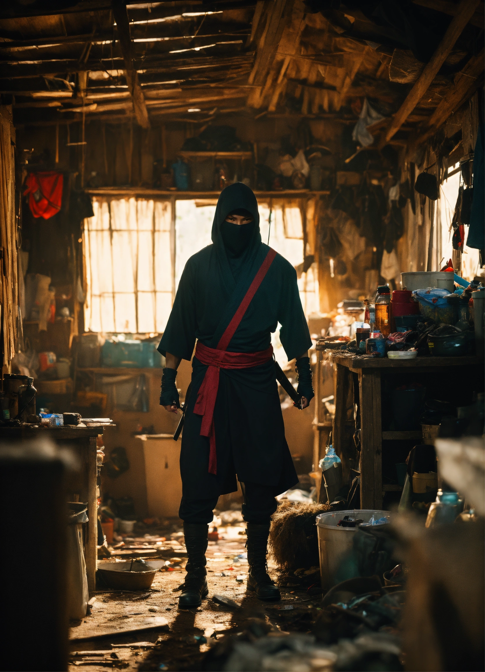 Lexica - Wide angle Environmental shot of ninja assassin in a cluttered ...