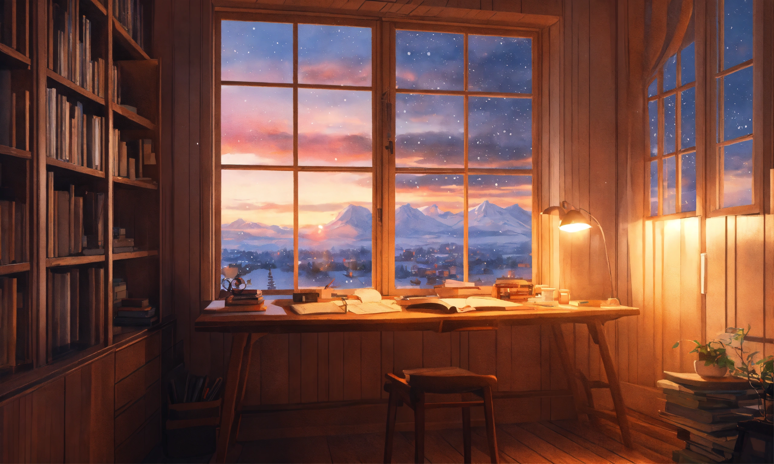 Lexica - Wooden study desk against white wooden walls, big window above ...