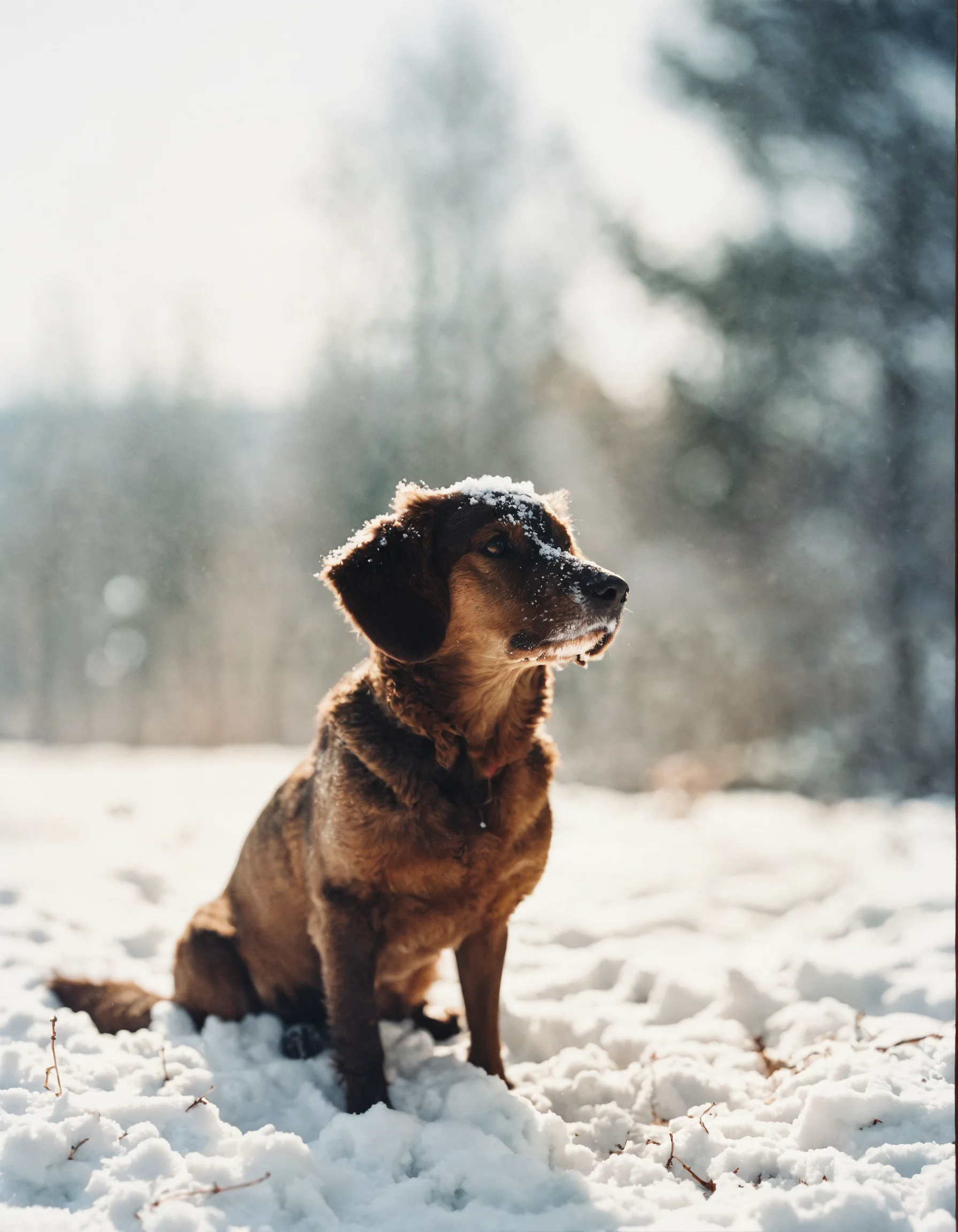 Lexica - Portra 400 photo of a cute brown dog sitting in the white snow ...