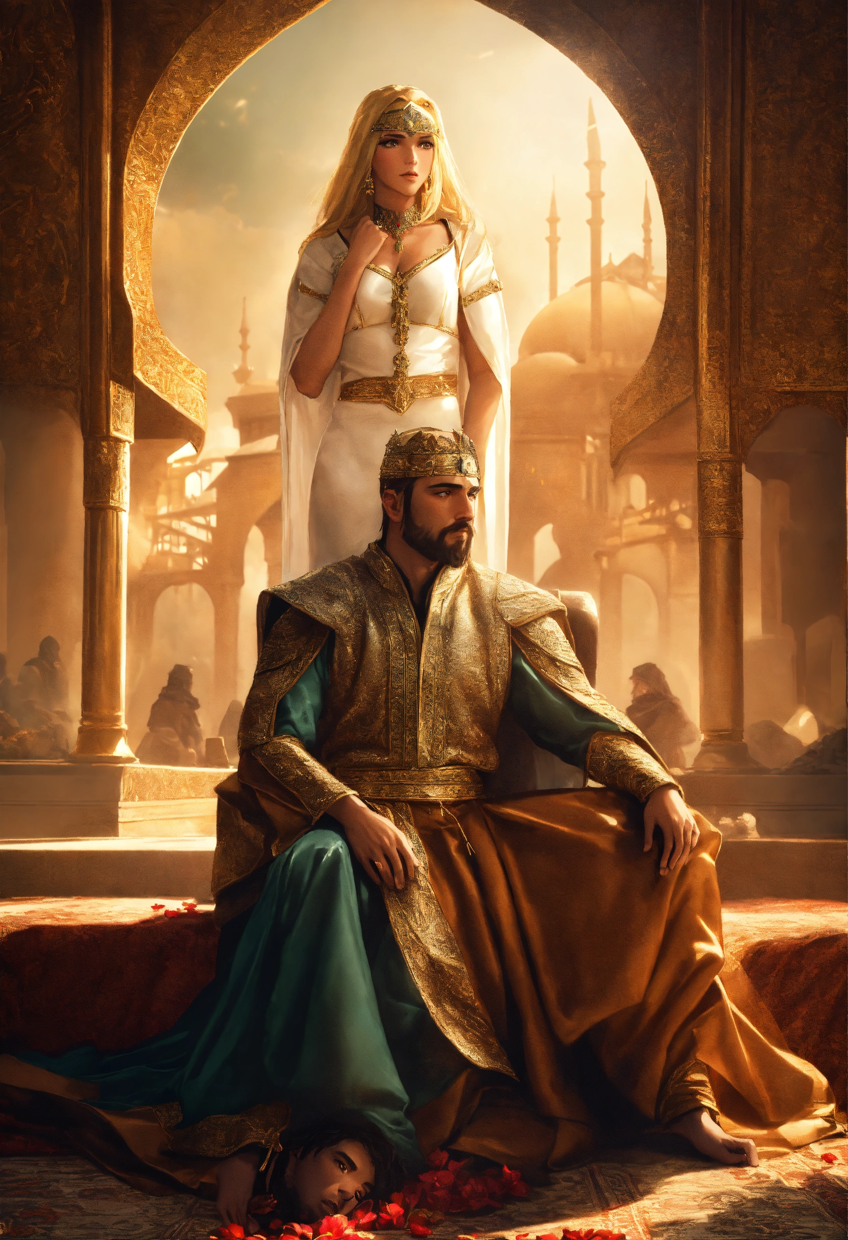 Lexica - An epic fantasy scene featuring the sultan Saladin sitting on ...