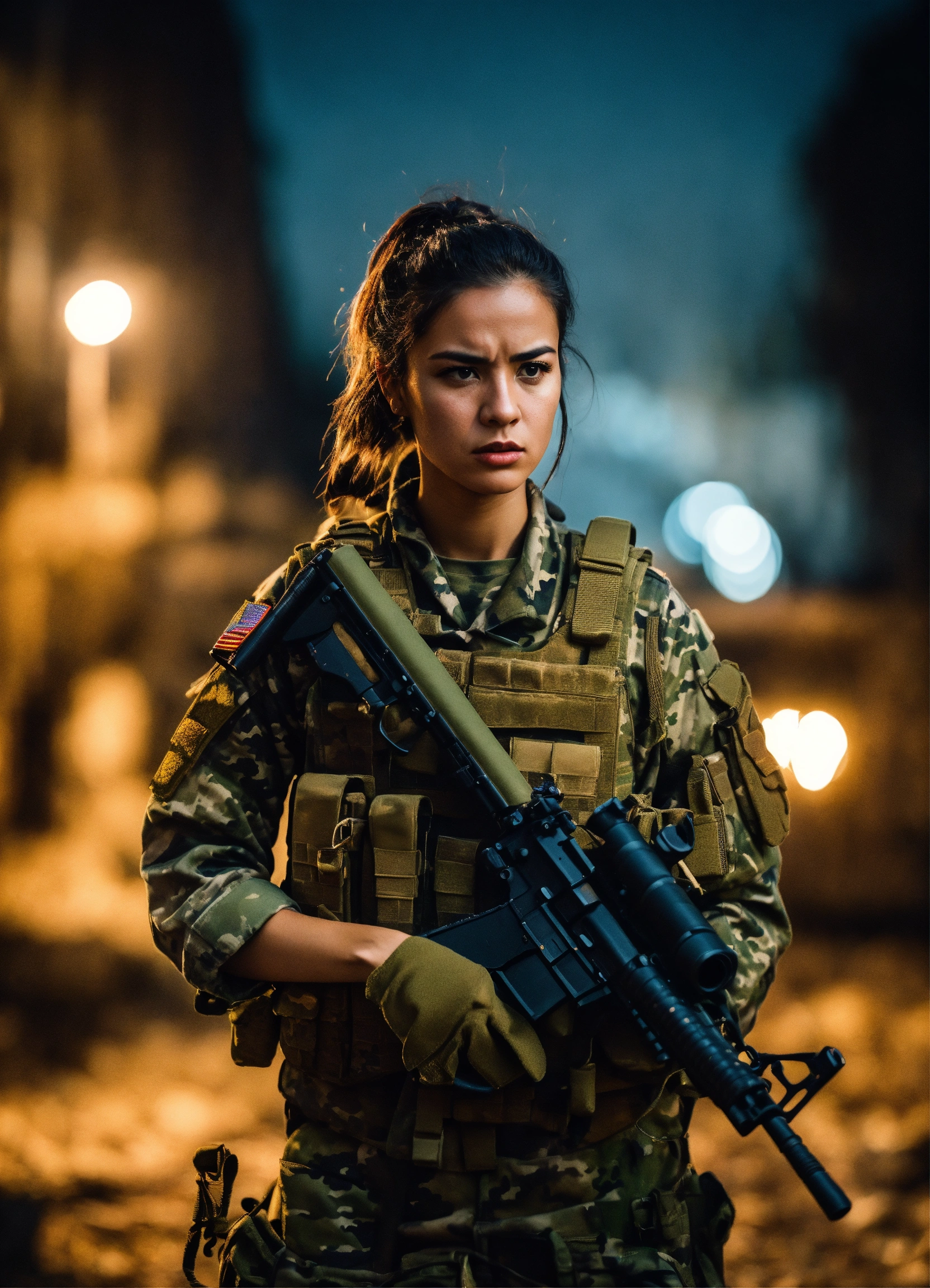 Lexica - A beautiful soldier girl wearing camouflage military equipment ...