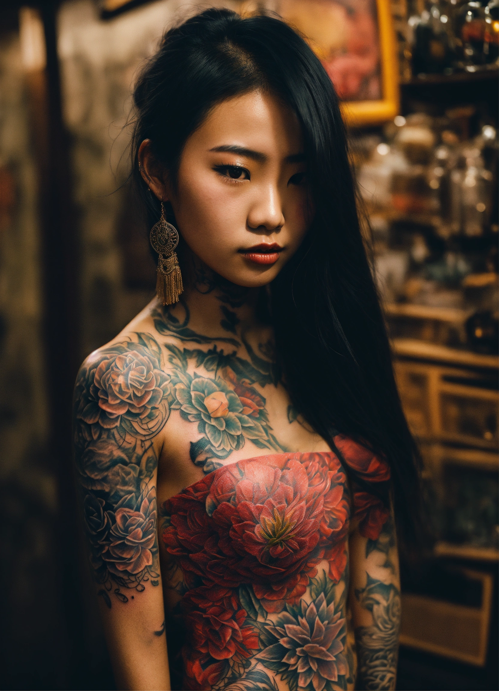 Lexica - Surreal Asian girl, alot of tattoos, long hair. tattoos on face