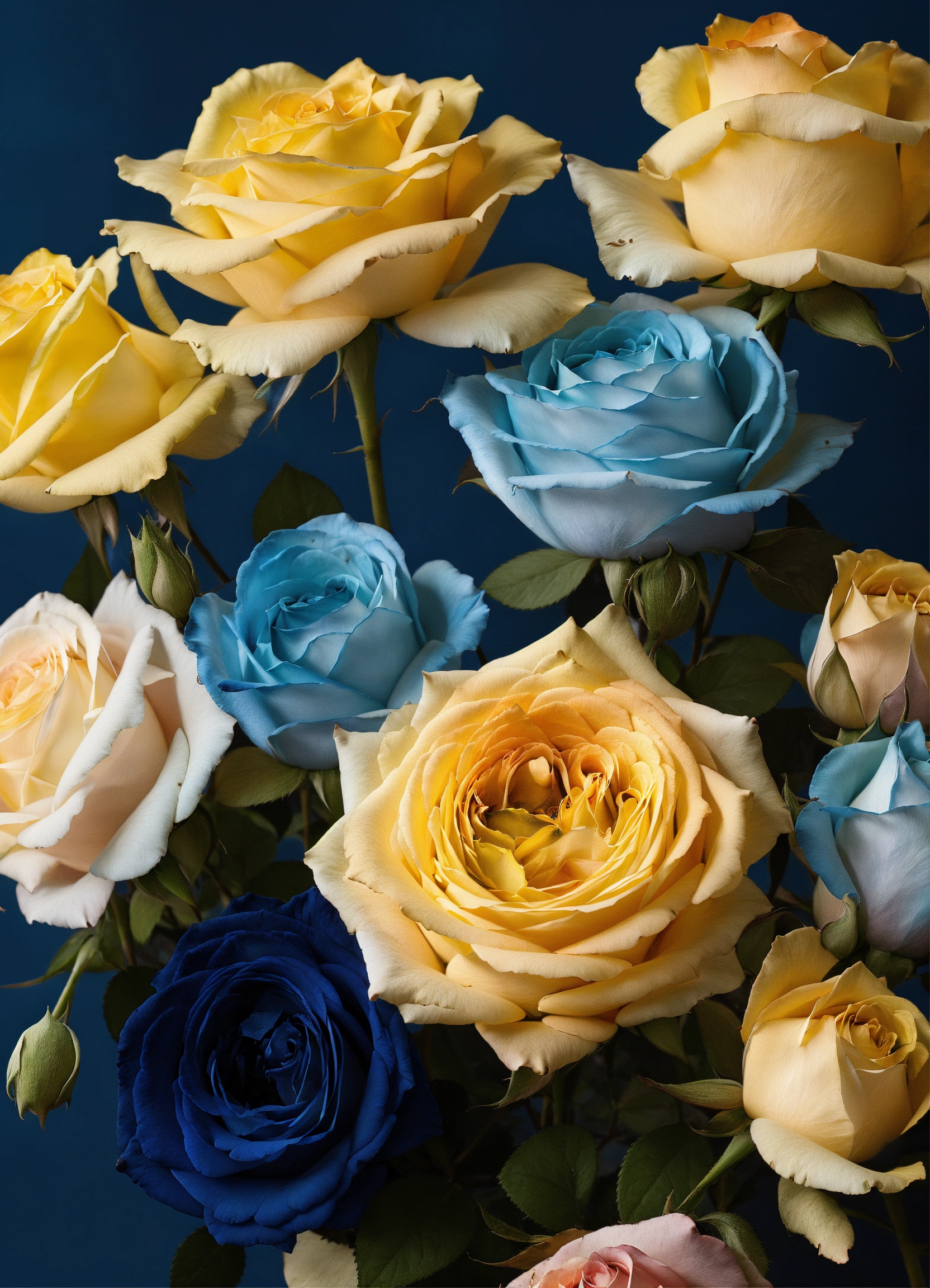 Lexica - A surreal palette with natural roses in navy blue, yellow, sky ...