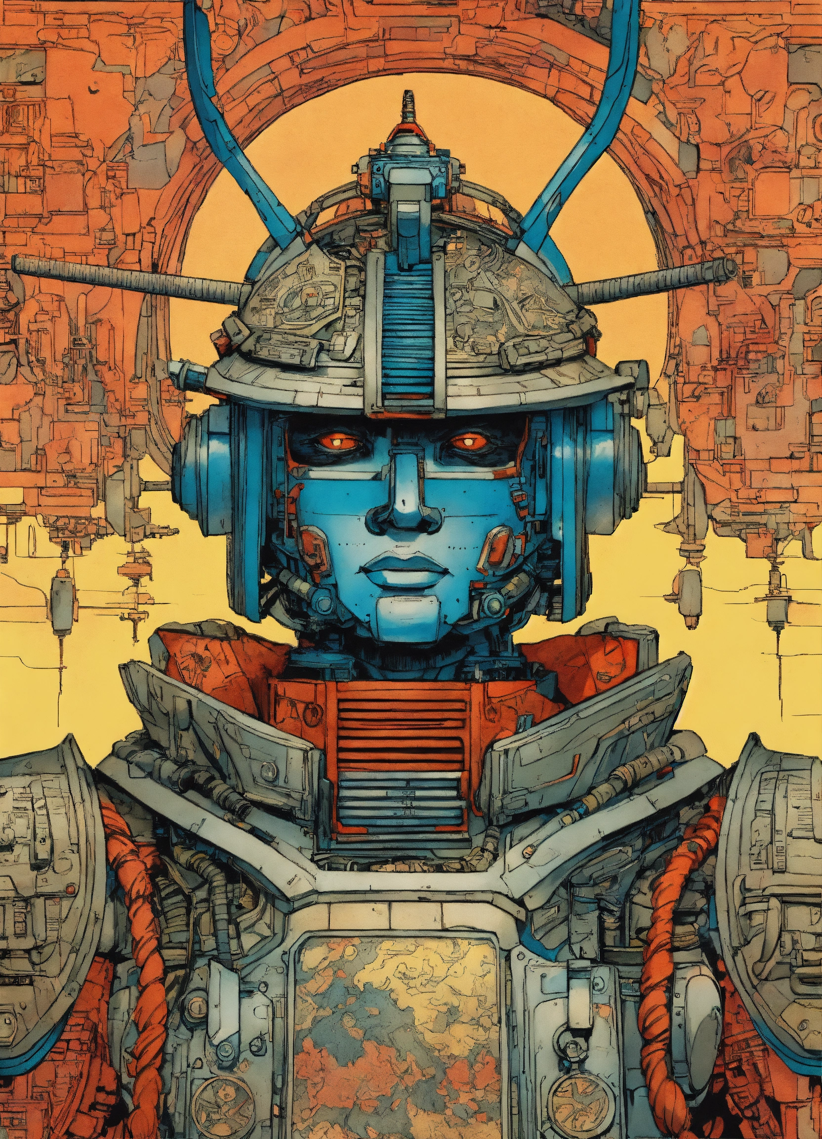 Lexica - Detailed pen and ink illustration of a samurai robot cyborg ...