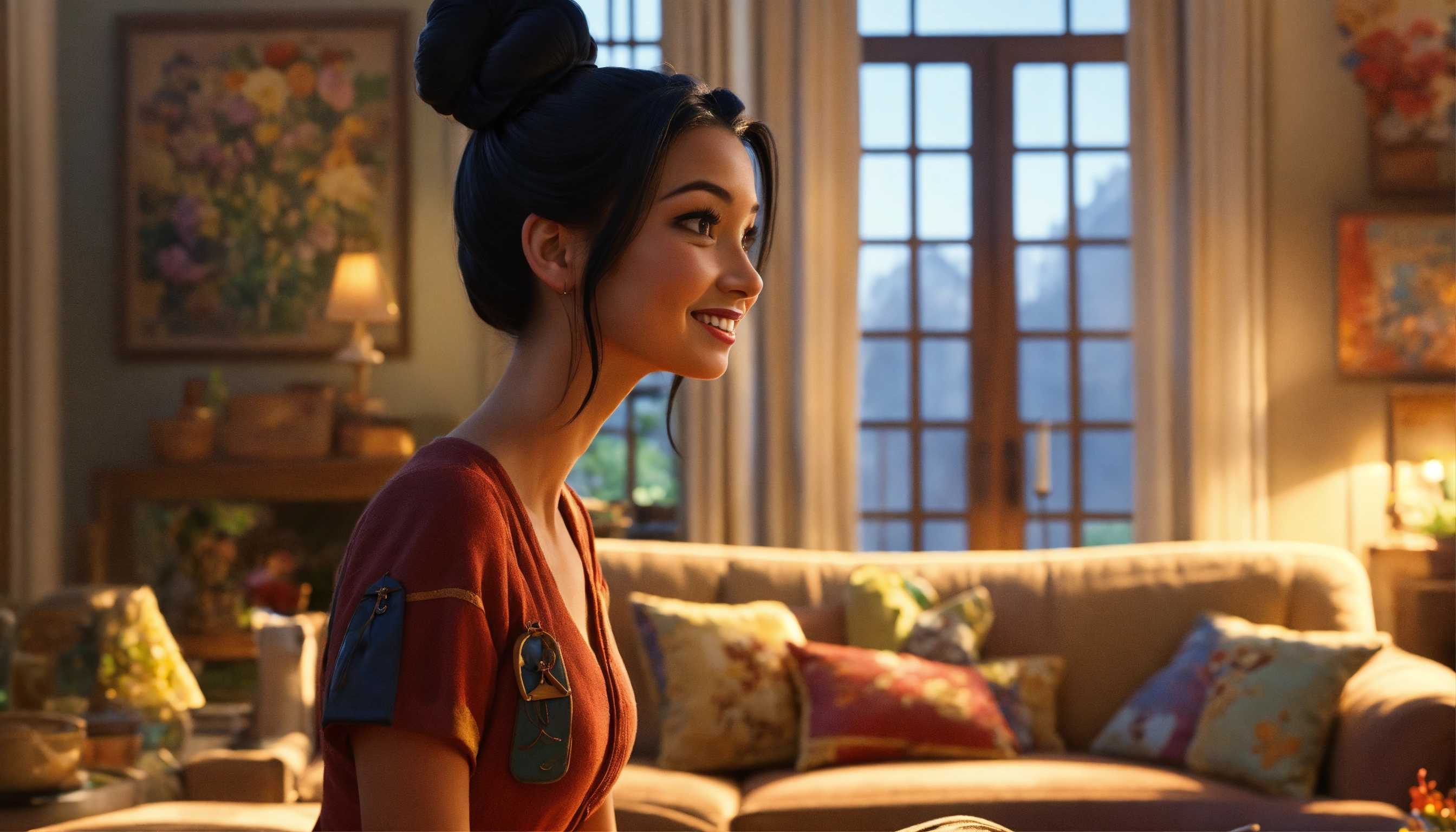 Lexica - A woman with long black hair, in a bun, happy, from the front ...