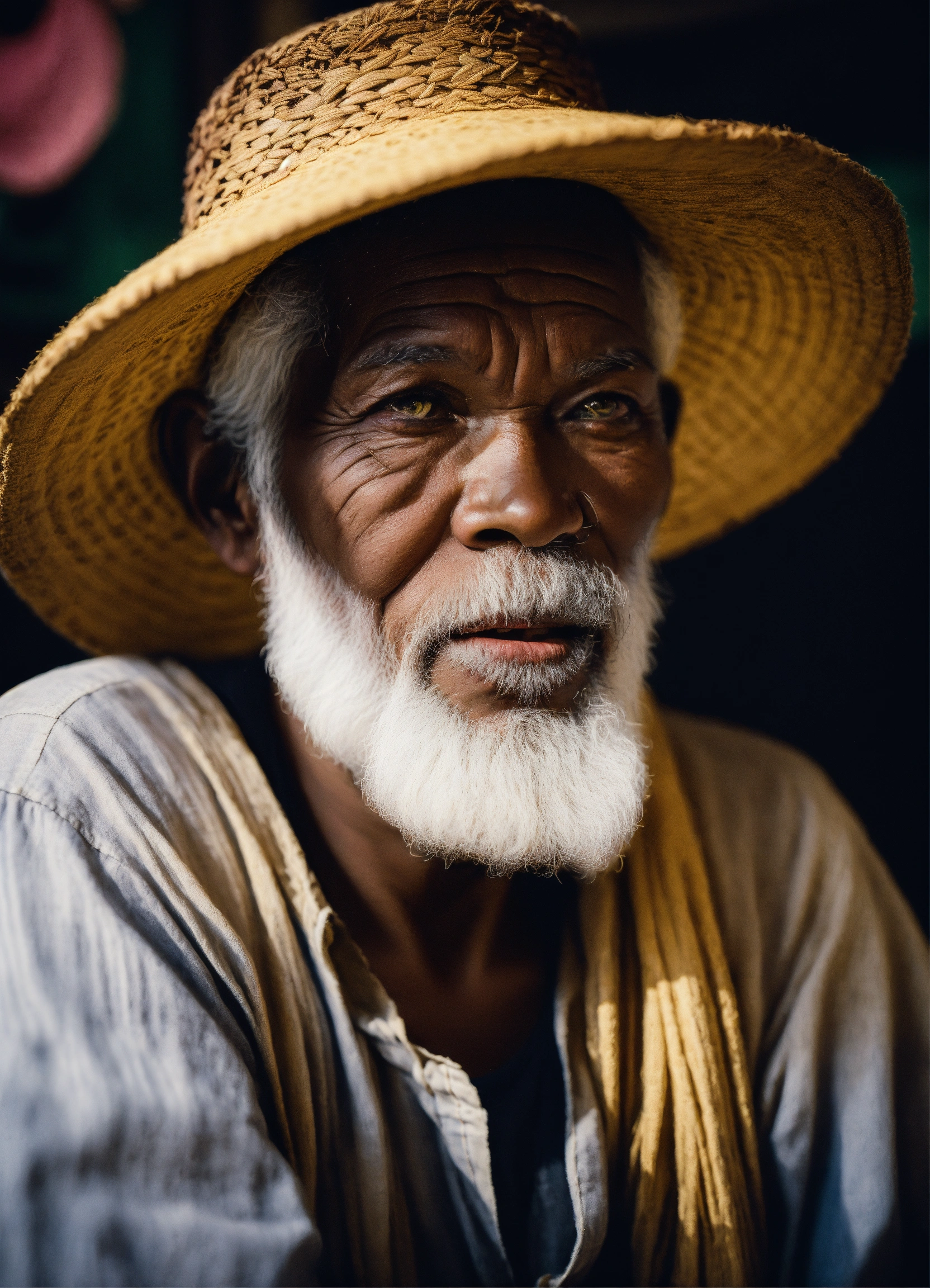 Lexica - A wise old man with white beard and bakoua hat in a tropical ...