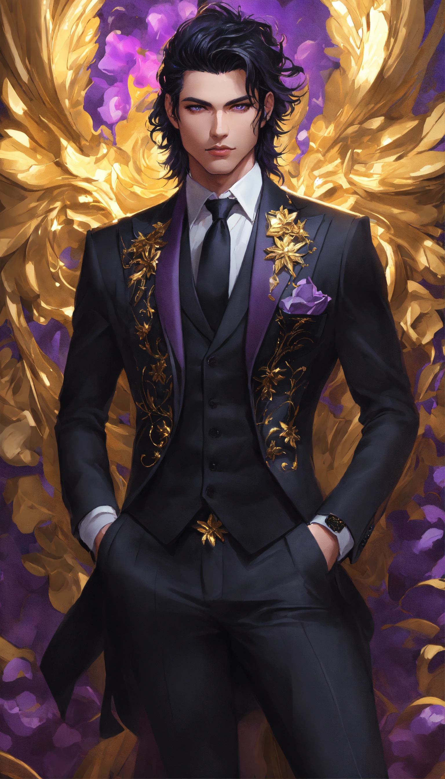 Lexica - Fullbody Portrait of a man in a black suit, gold adornments ...