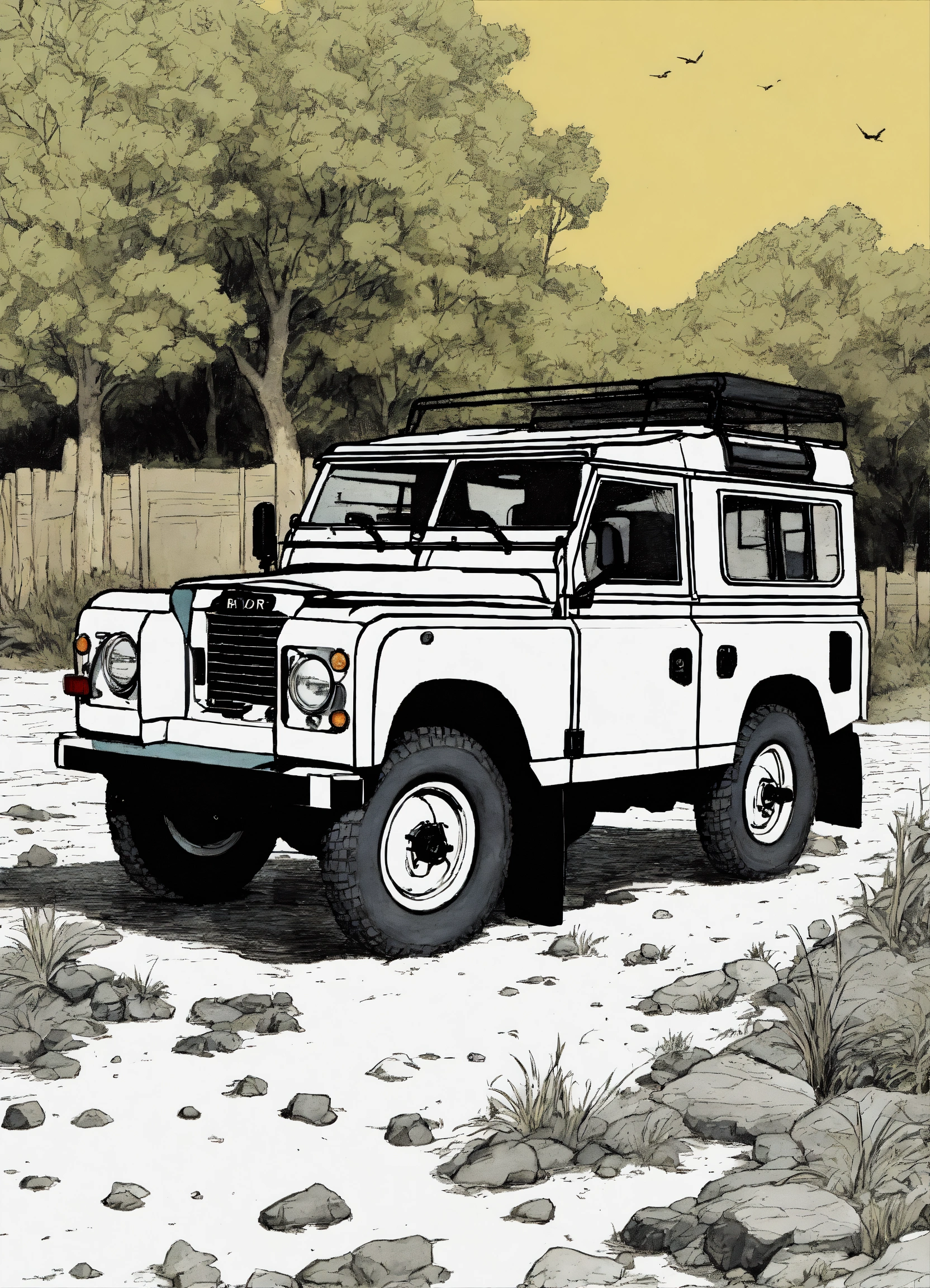 Lexica - Detailed pen and ink illustration of a modern Land Rover, dark ...