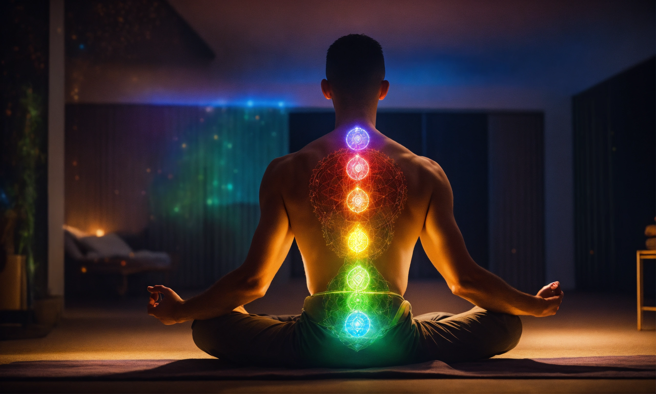 Lexica - Man sitting, chakras lit up, 4k, high resolution, photo quality