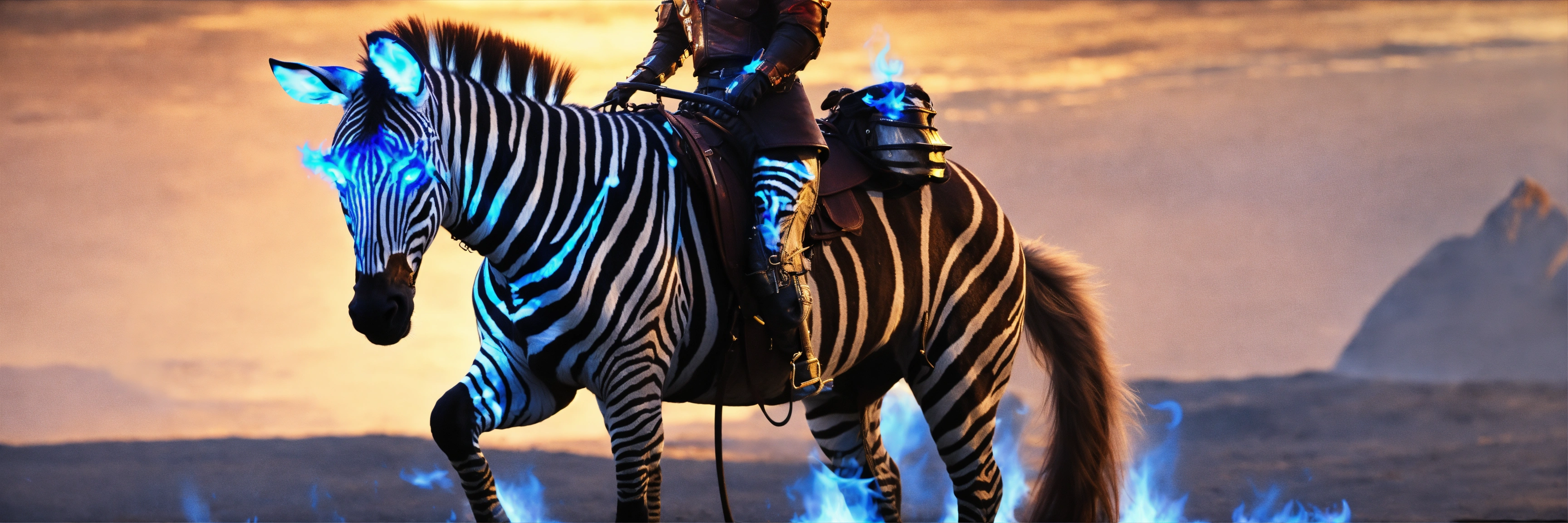 Lexica - Zebra with riding gear, with a mane and tail of blue flame
