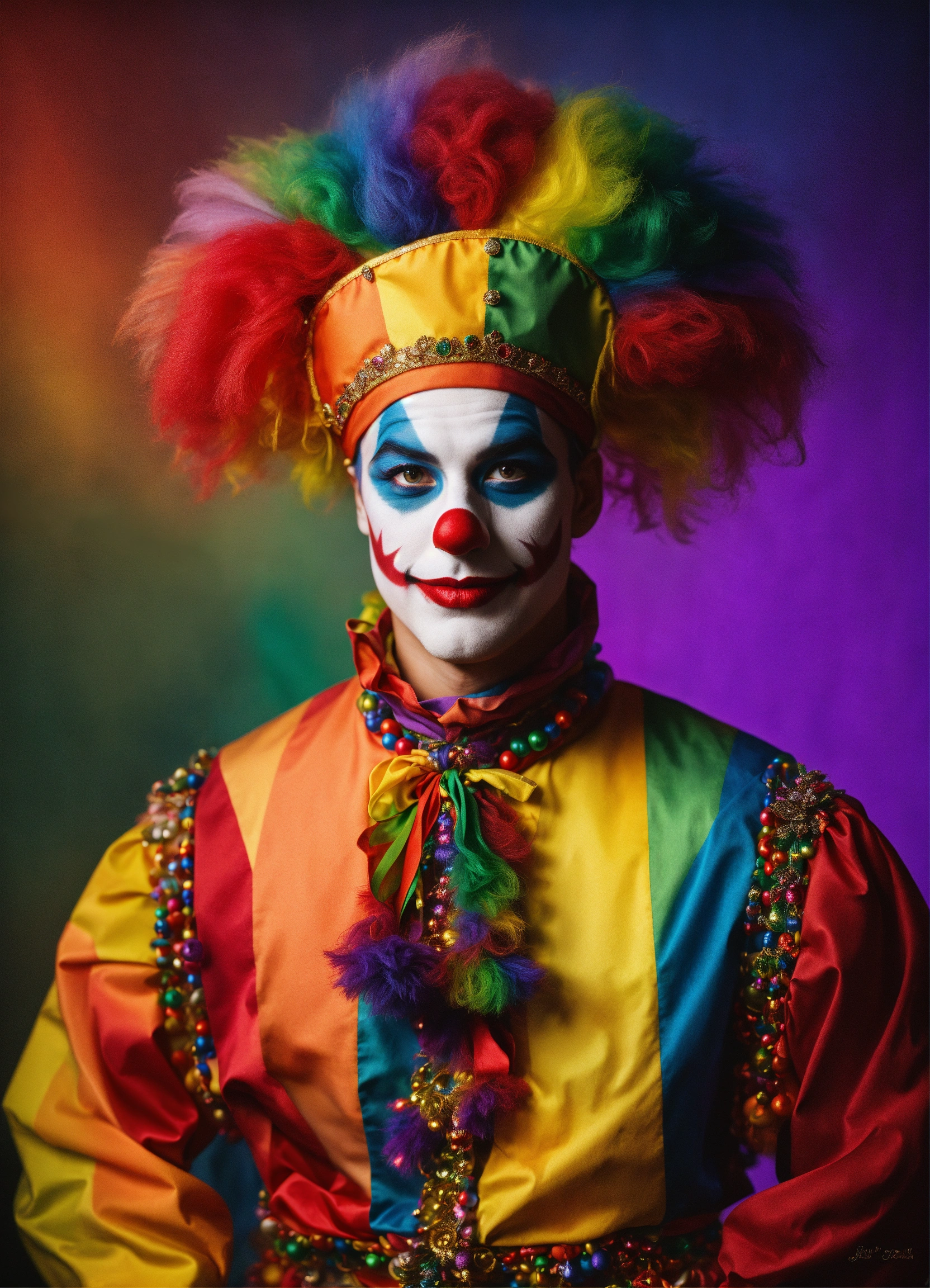 Lexica - Human male, court jester, rainbow cloths, clown makeup