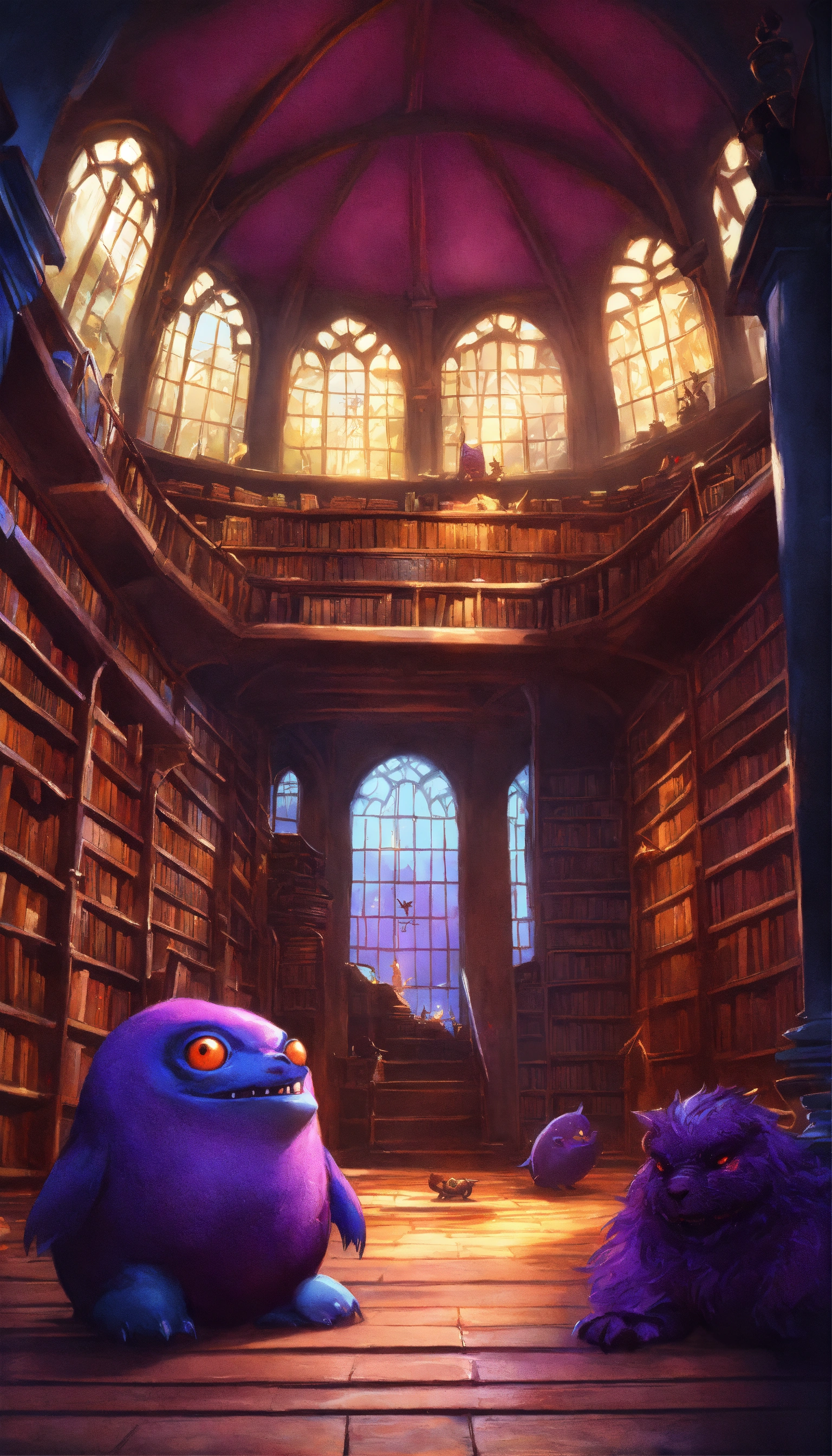 Lexica - Old library with a lot of books and funny little monsters, by ...