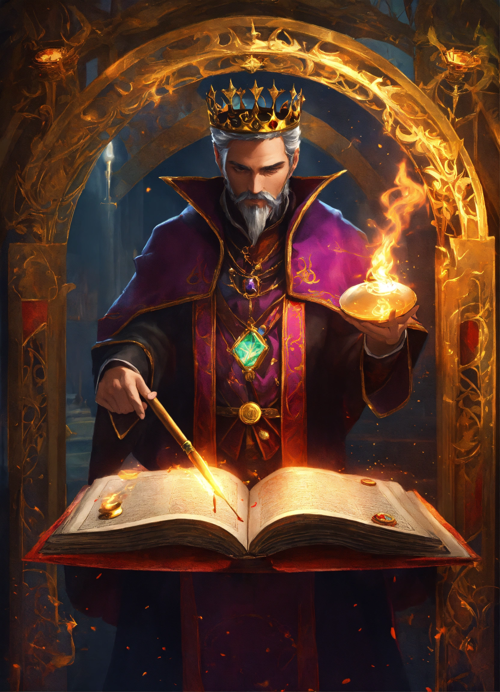 Lexica - A magician king casting a magic spell from a grimoire on the world