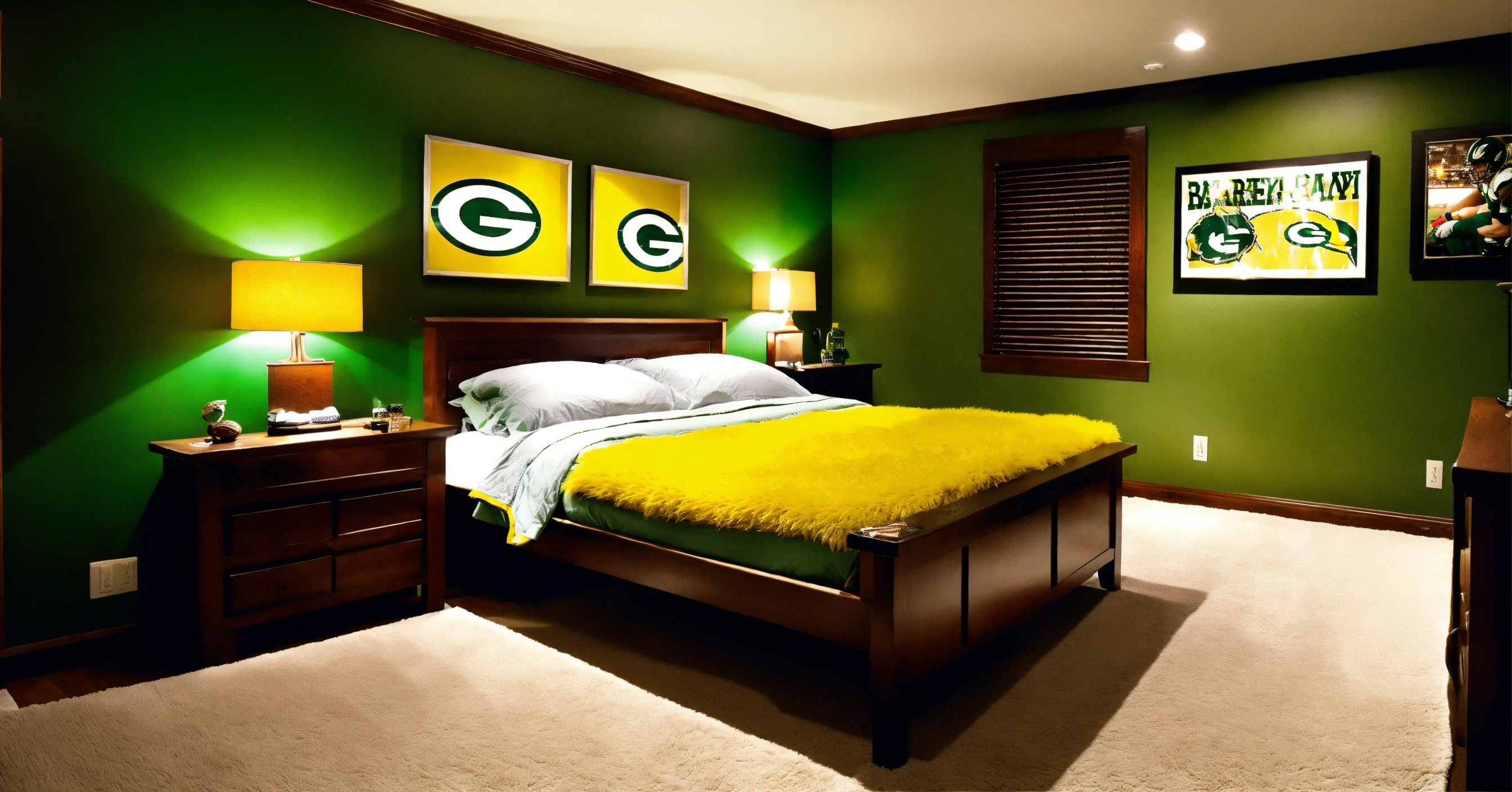 Lexica - Green bay packer theme bedroom, fluffy rug, dark wood, night ...
