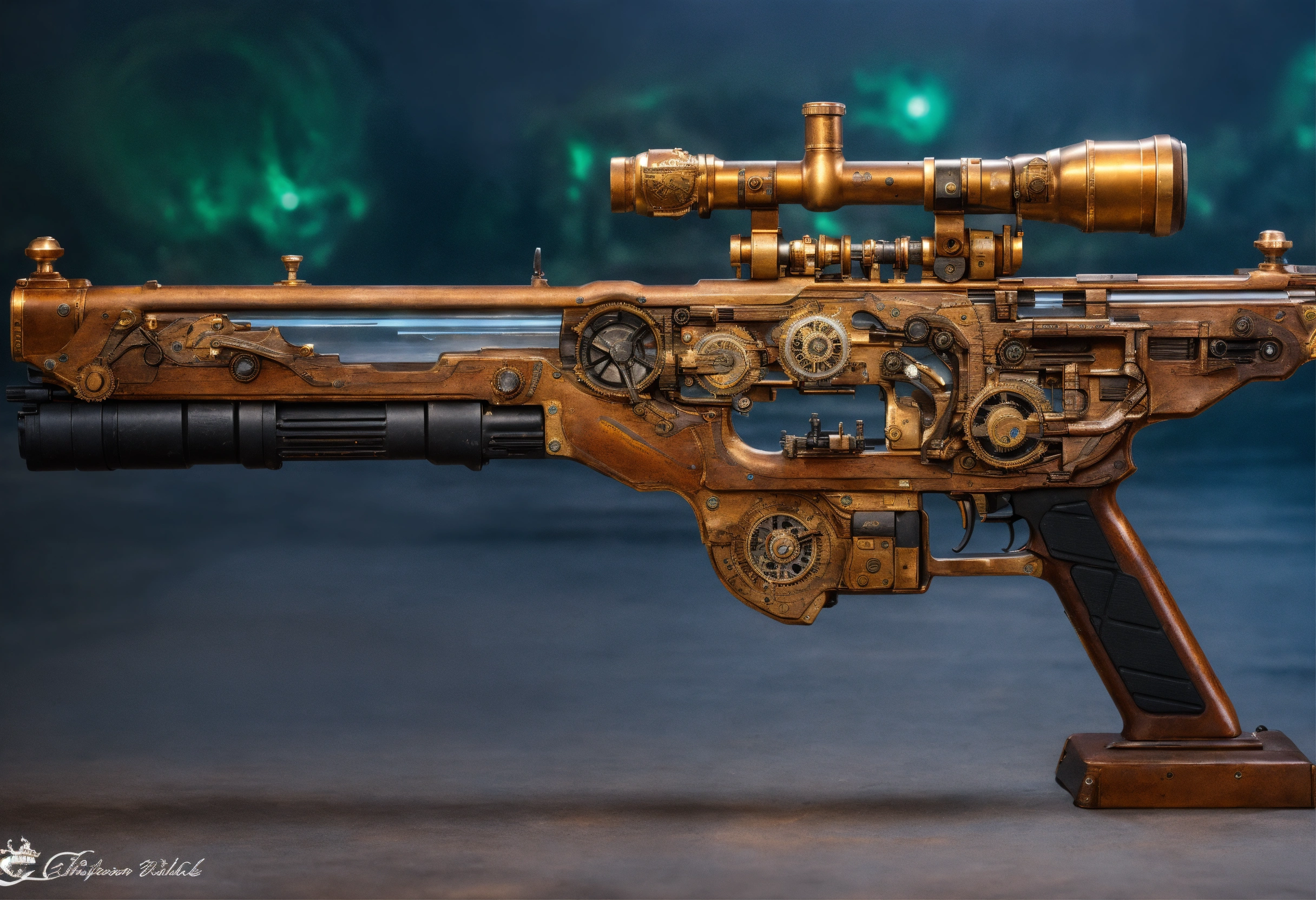 Lexica - Side view of the full image of a steampunk energy rifle