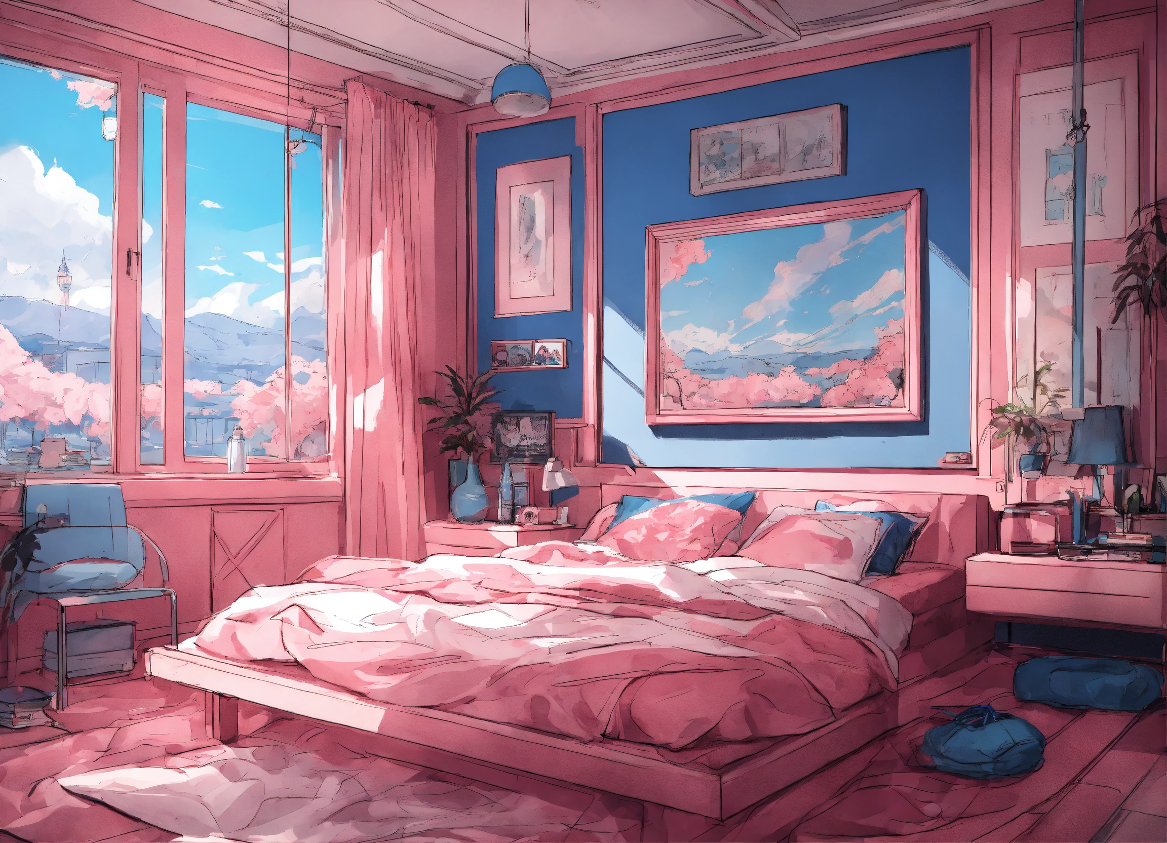Lexica - Pink and blue anime bedroom, sketch style