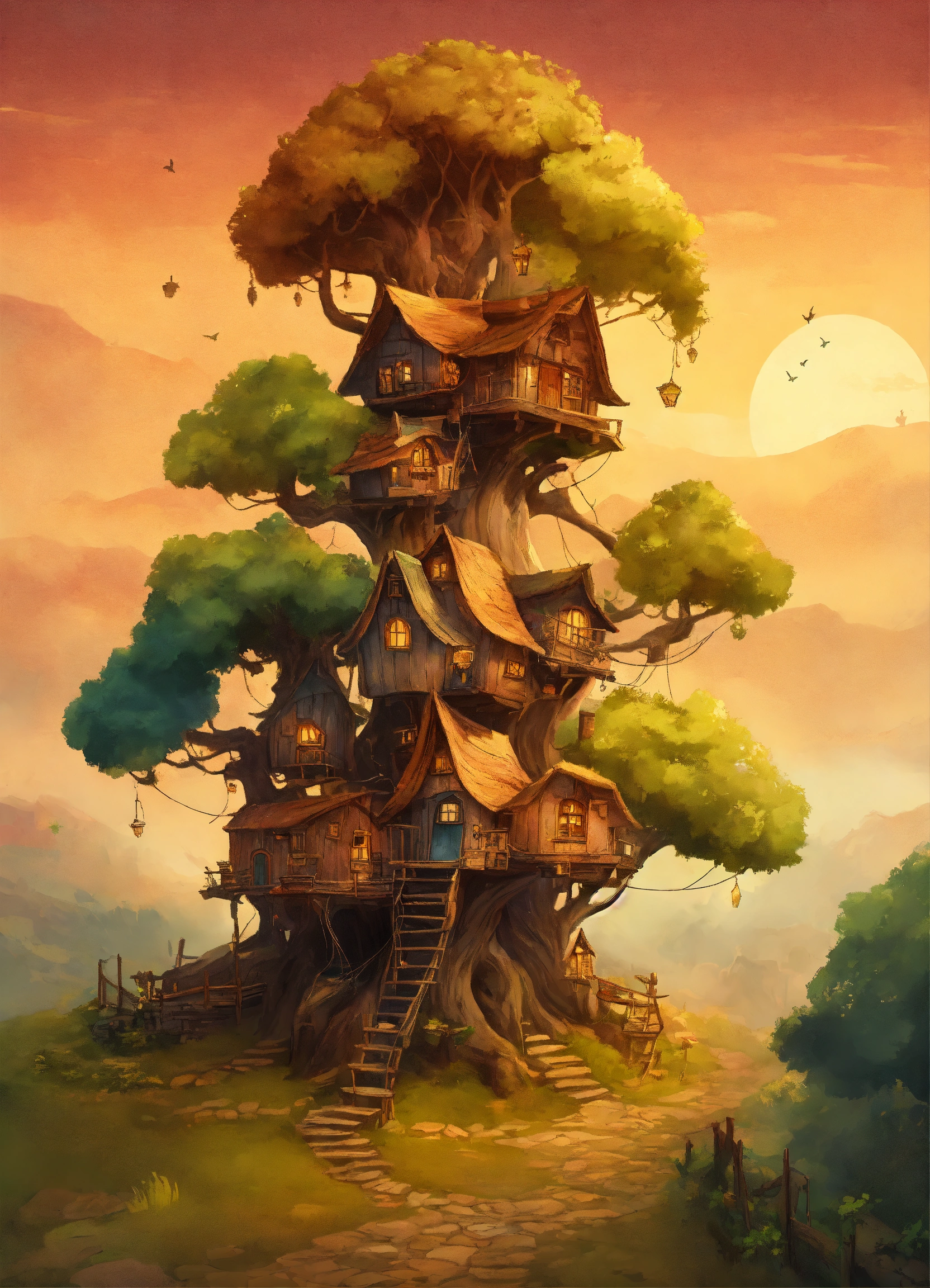 Lexica - Village fantasy tree houses on gigantic old trees, texture ...