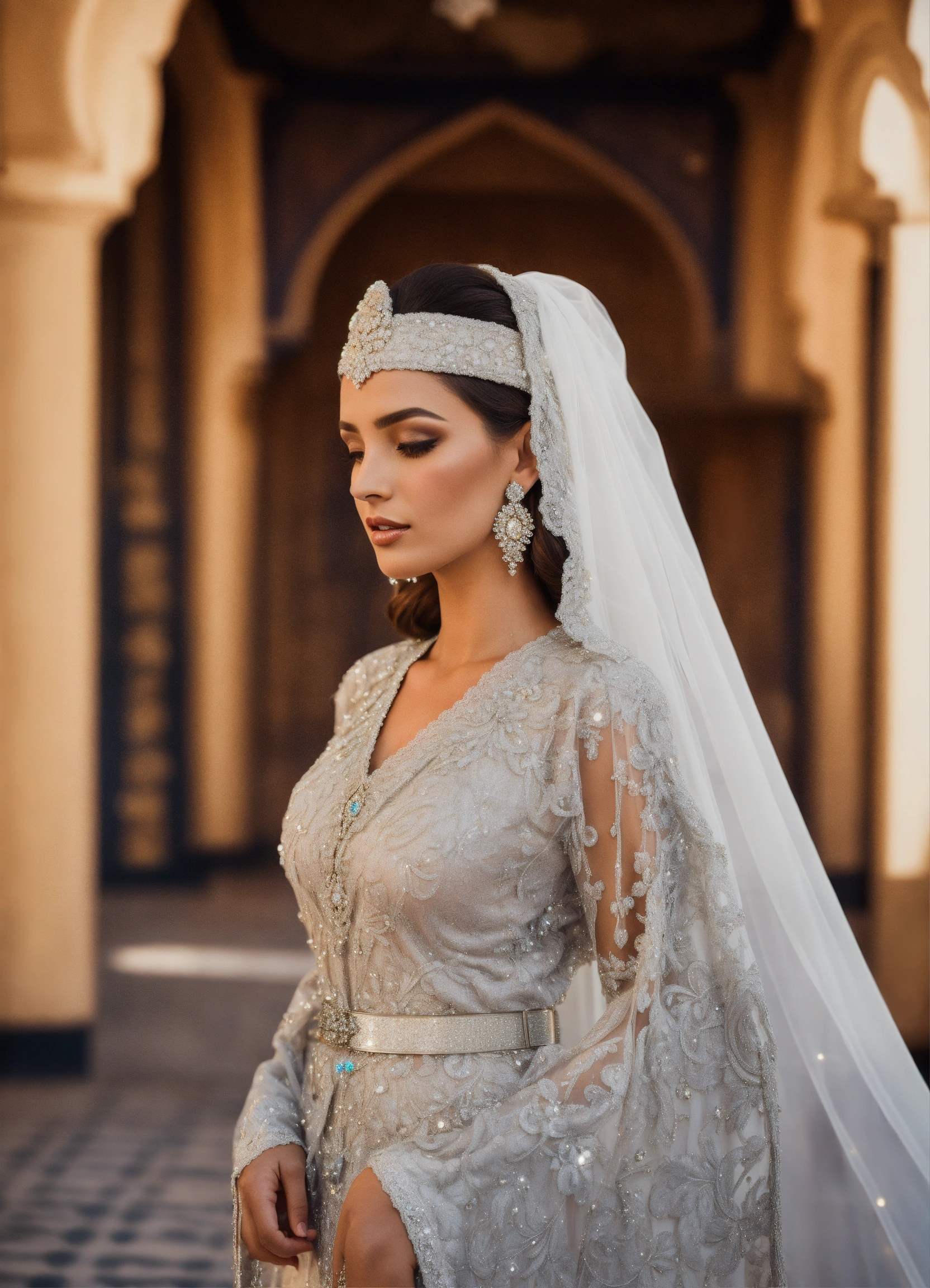 Lexica Morrocan caftan bride silver rhinestones with lace with bridal veil with belt hyperrealistic haute couture luxury beautiful