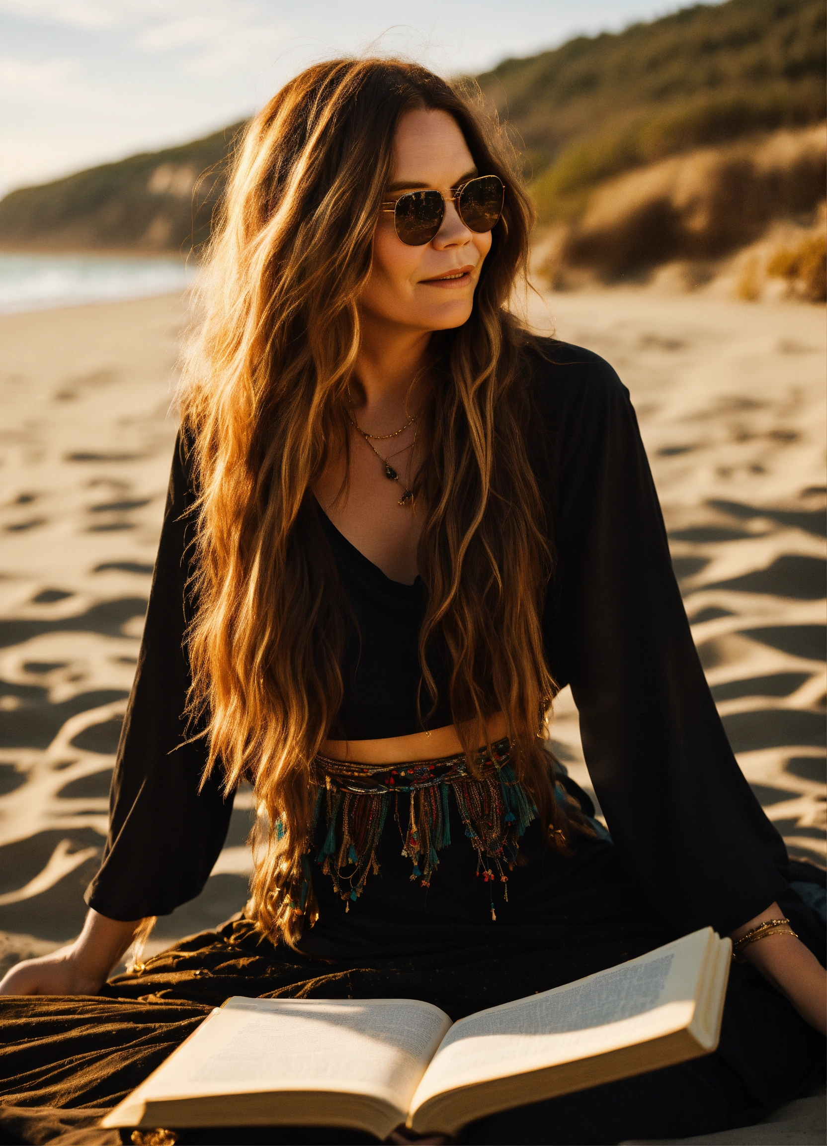 Lexica - Full body photo of one Janis Joplin similar model with long  beautiful hair, modeling plain blank black t-shirt, boho skirt, at golden  hour o...