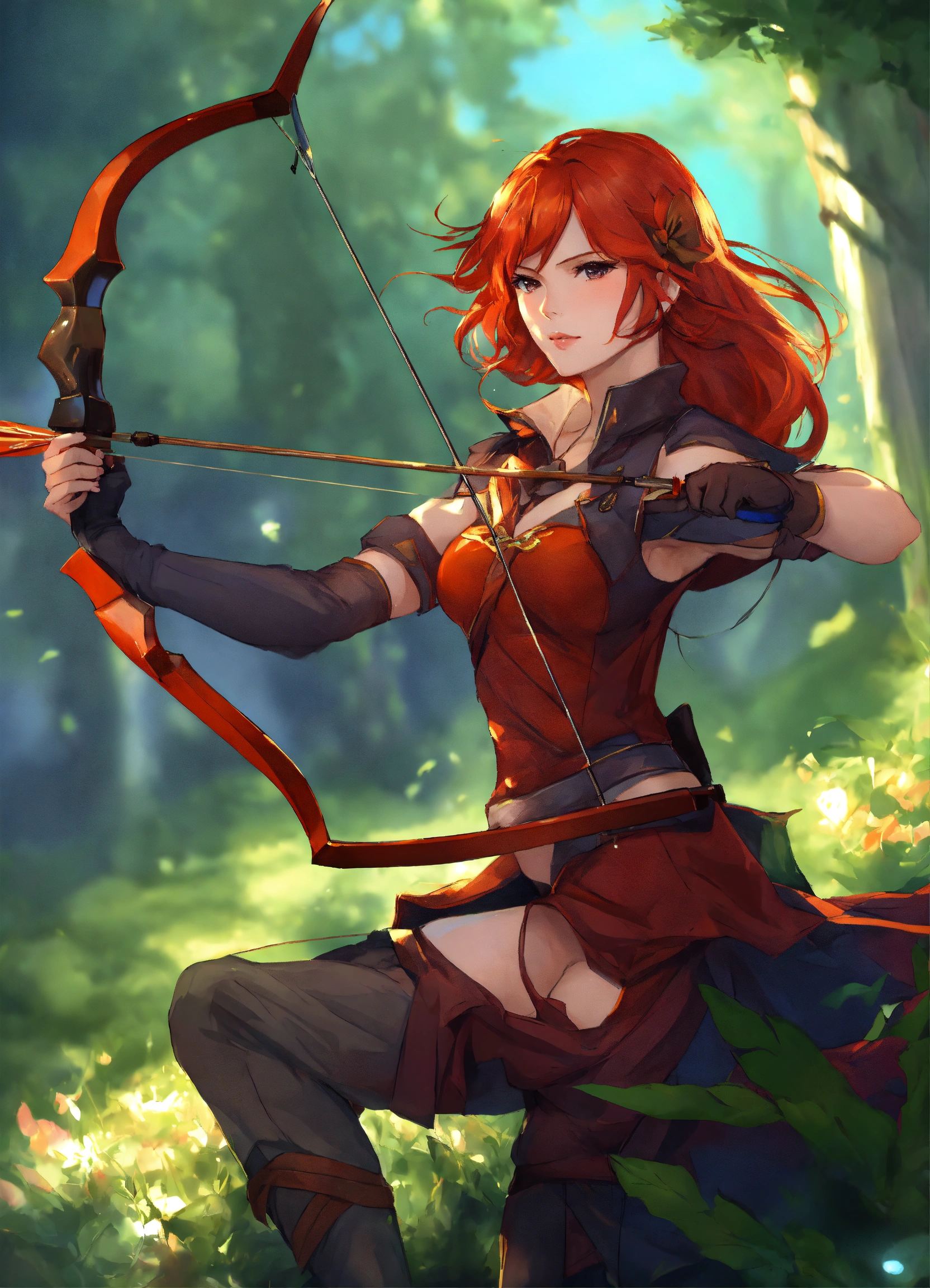 Lexica - Anime, beautiful woman, bow and arrow, red hair, ranger, fantasy