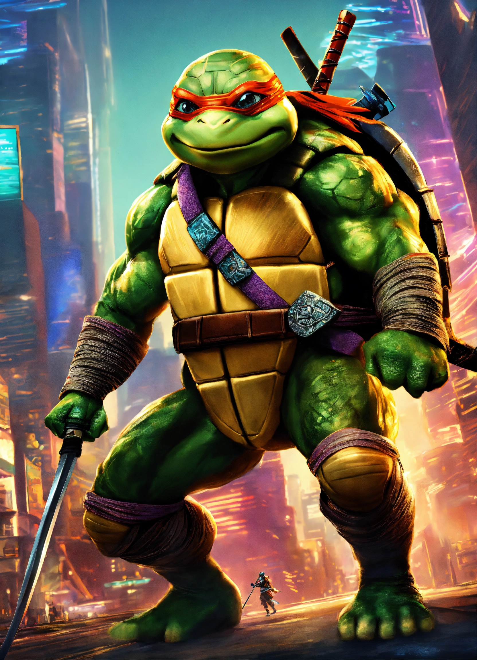 Lexica - A playful ninja turtle with a katana in a futuristic city