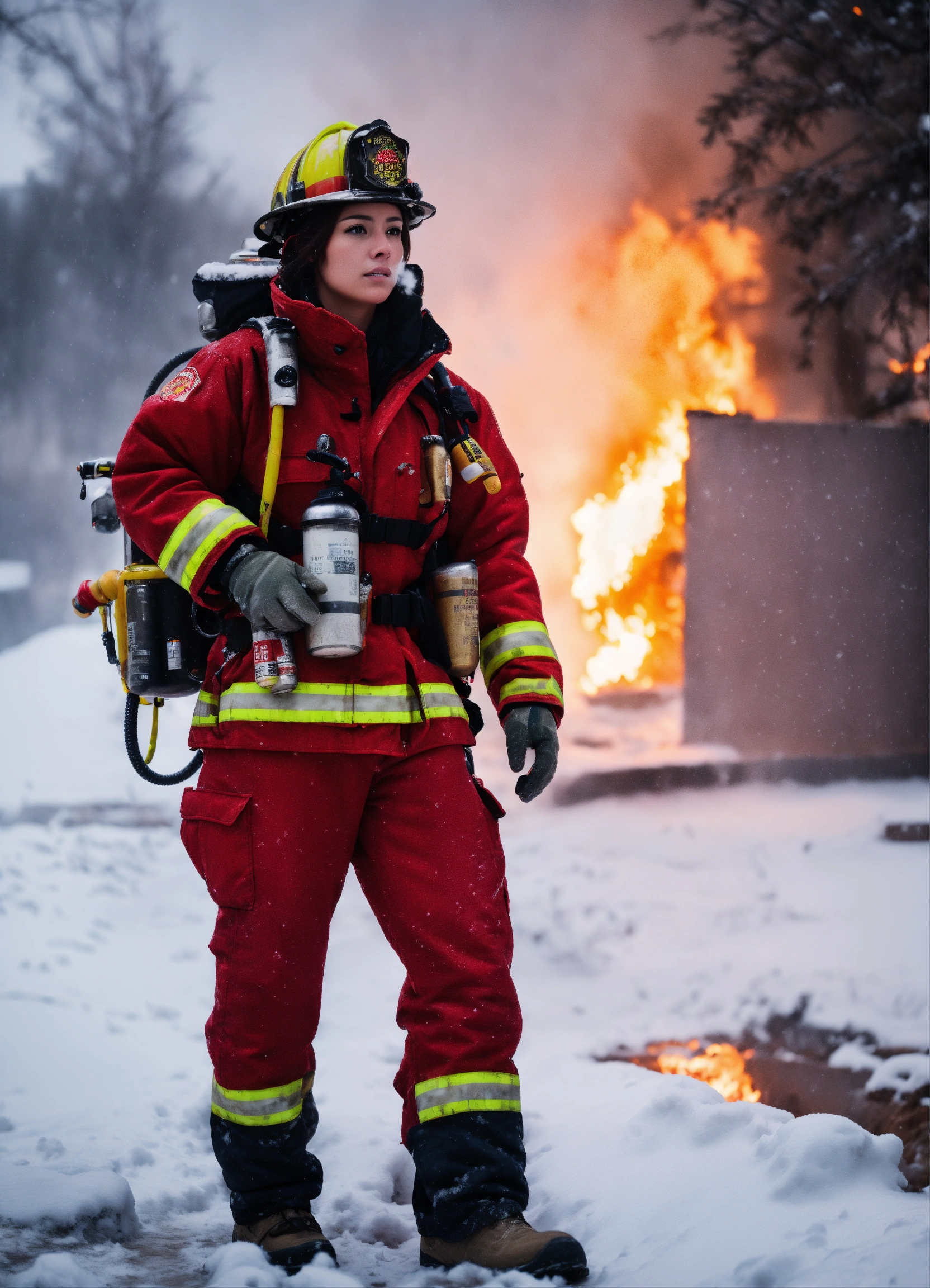 Lexica - A beautiful brunette firefighter, wearing winter camo ...