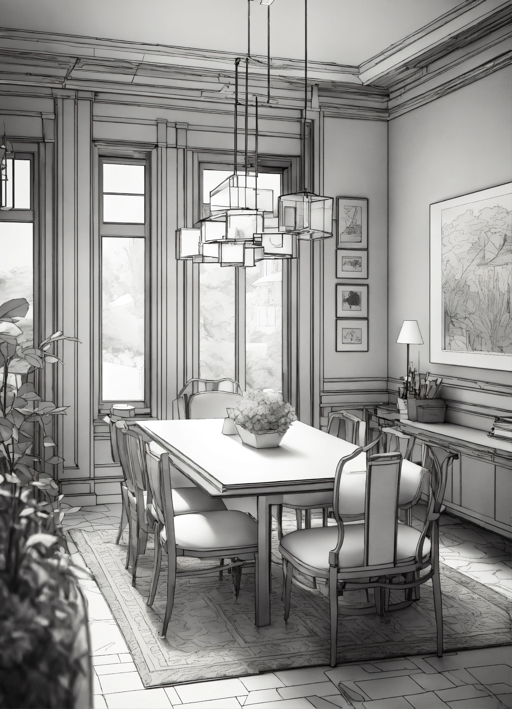 Lexica - Coloring book page, isometric dining room, 3d art, black and ...