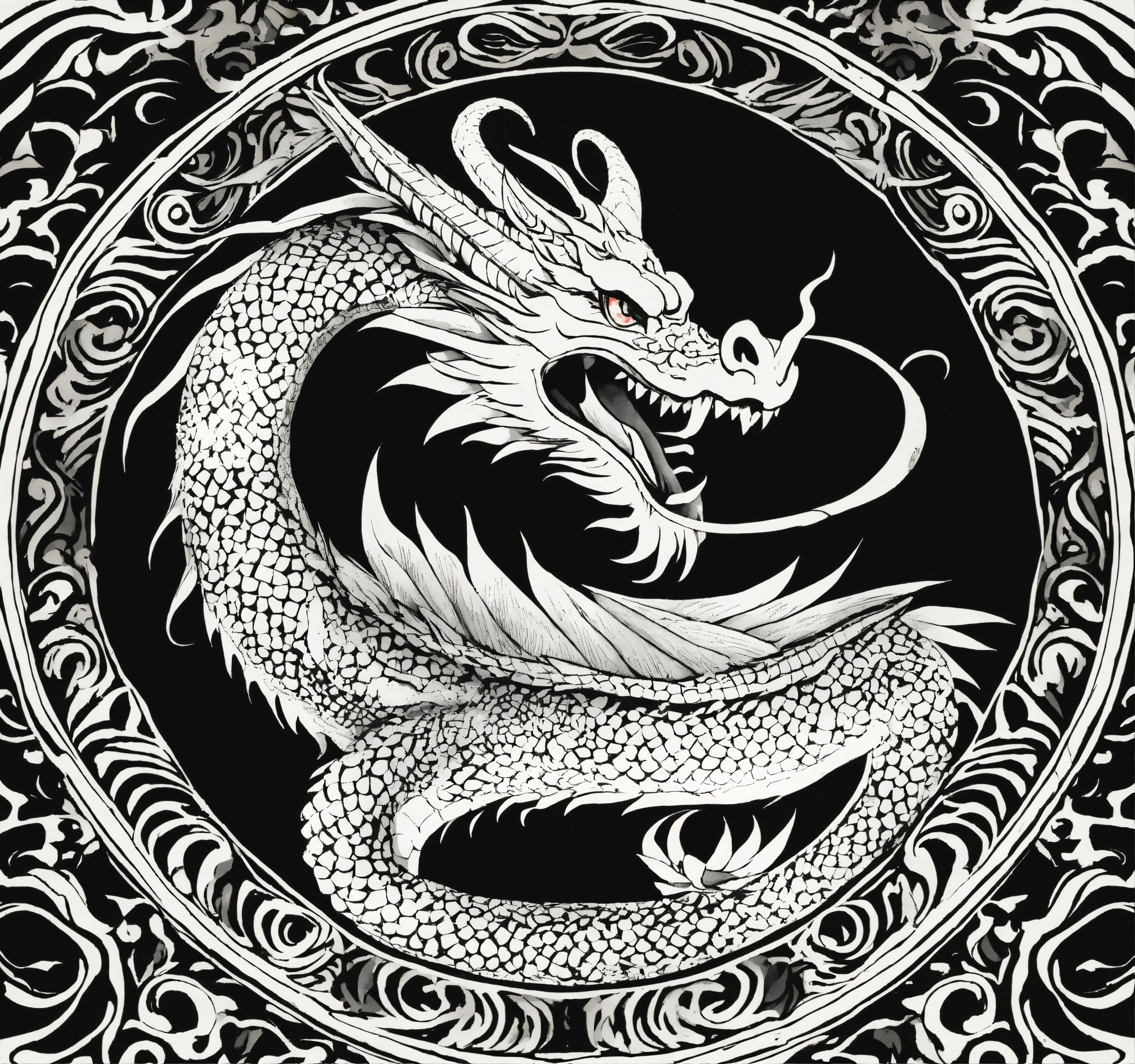 Lexica - Round casual black and white pattern in the form of a dragon ...