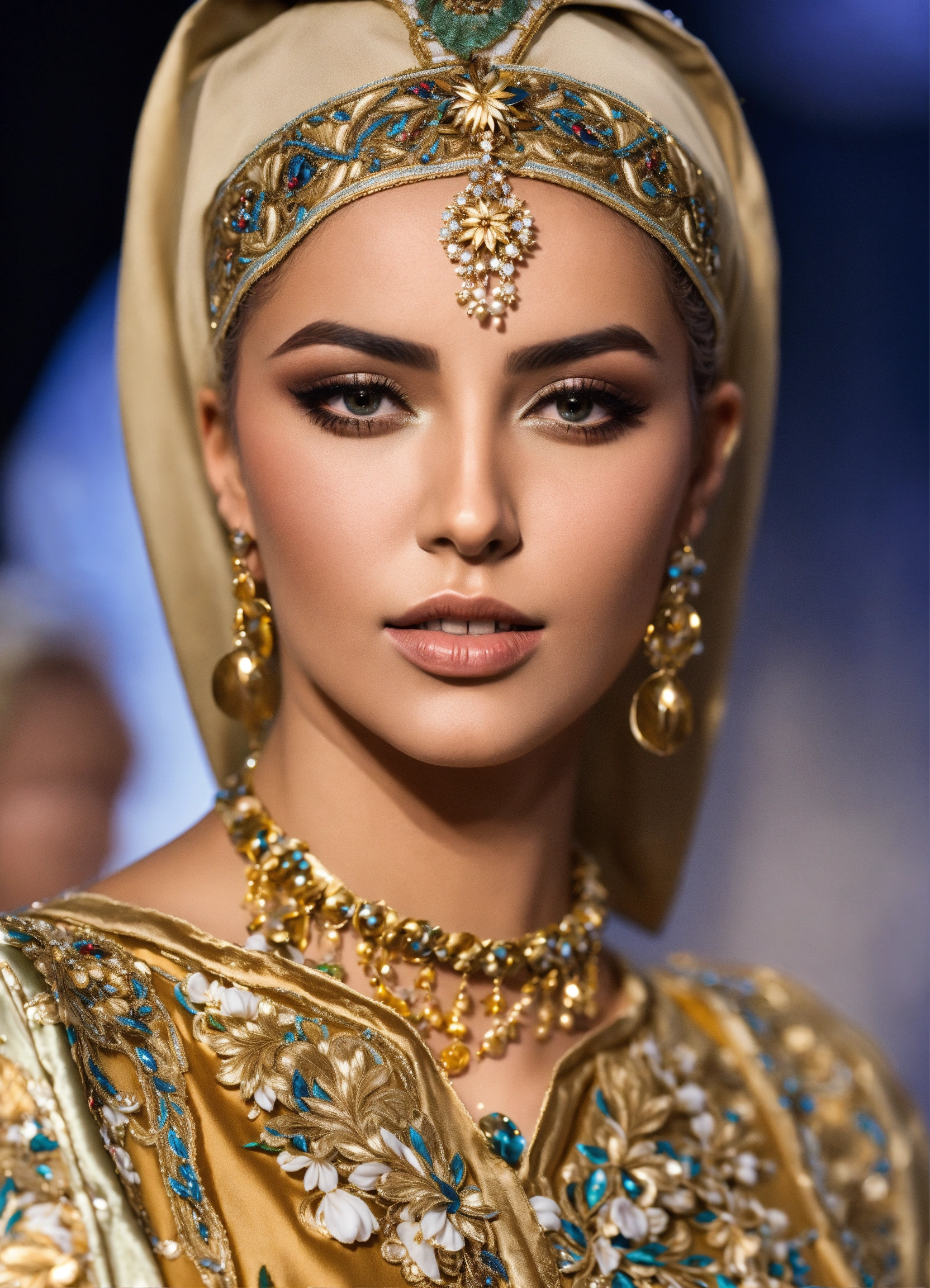 Lexica - Beautiful Arab women blond, wearing traditional Moroccan caftan,  with corset , luxury, haute couture, fashion show runaway, haute couture,  ...